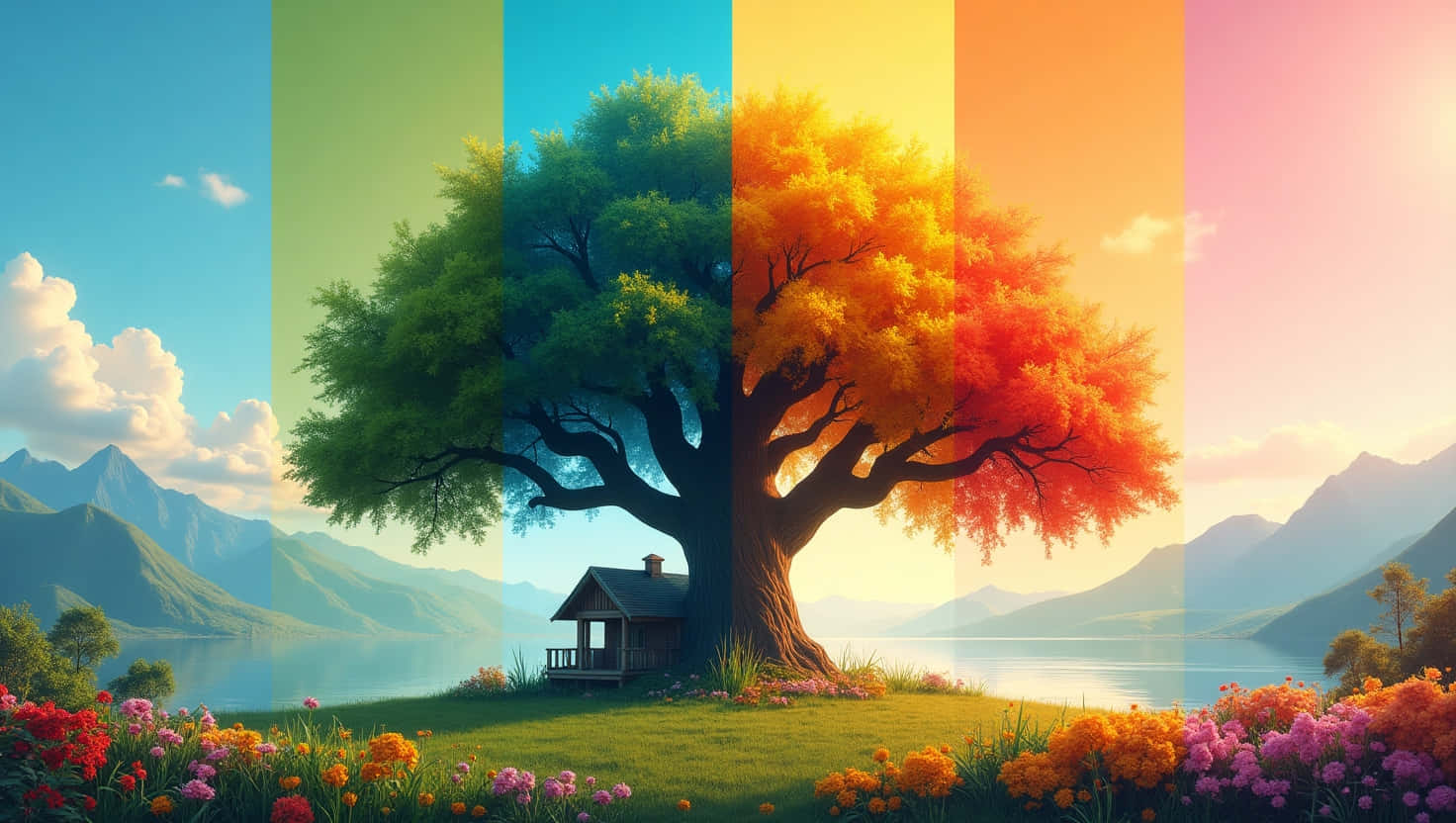 A Single Tree Represents The All Season's Nature 壁紙 — 一棵雄偉的樹，樹幹帶有彩虹漸變色，矗立在湖邊山丘上的小屋旁，周圍有山脈和色彩繽紛的花朵。