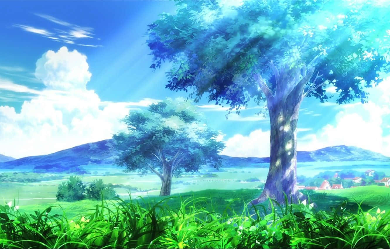 Aesthetic Nature 桌布 壁紙 — 一棵雄偉的樹，樹葉閃閃發光，矗立在充滿活力的綠色田野中，上方是藍天白雲。