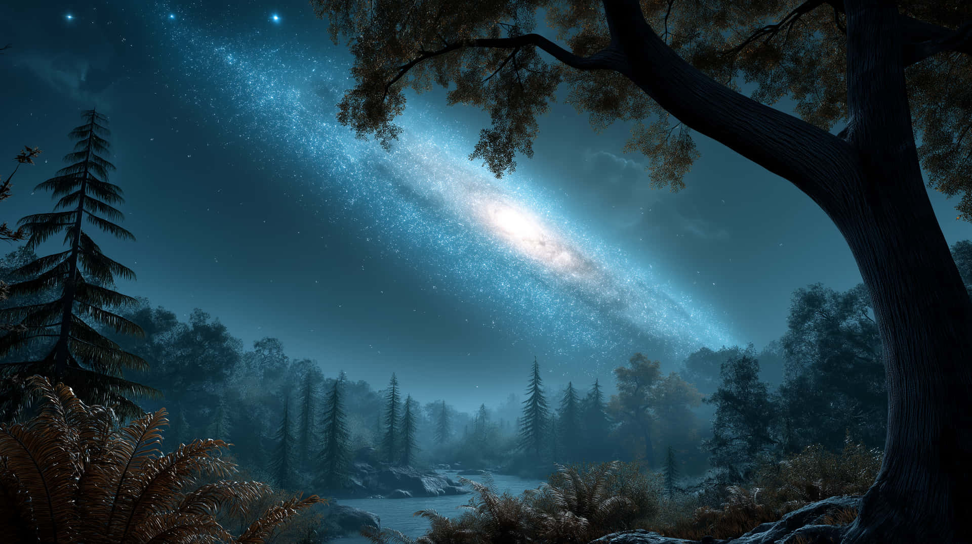 The Milky Way Galaxy Viewed from a Peaceful Forest Clearing 壁紙 — 一棵雄偉的樹木框住霧氣瀰漫的森林，同時一條發光的藍色星系劃過繁星點點的夜空。