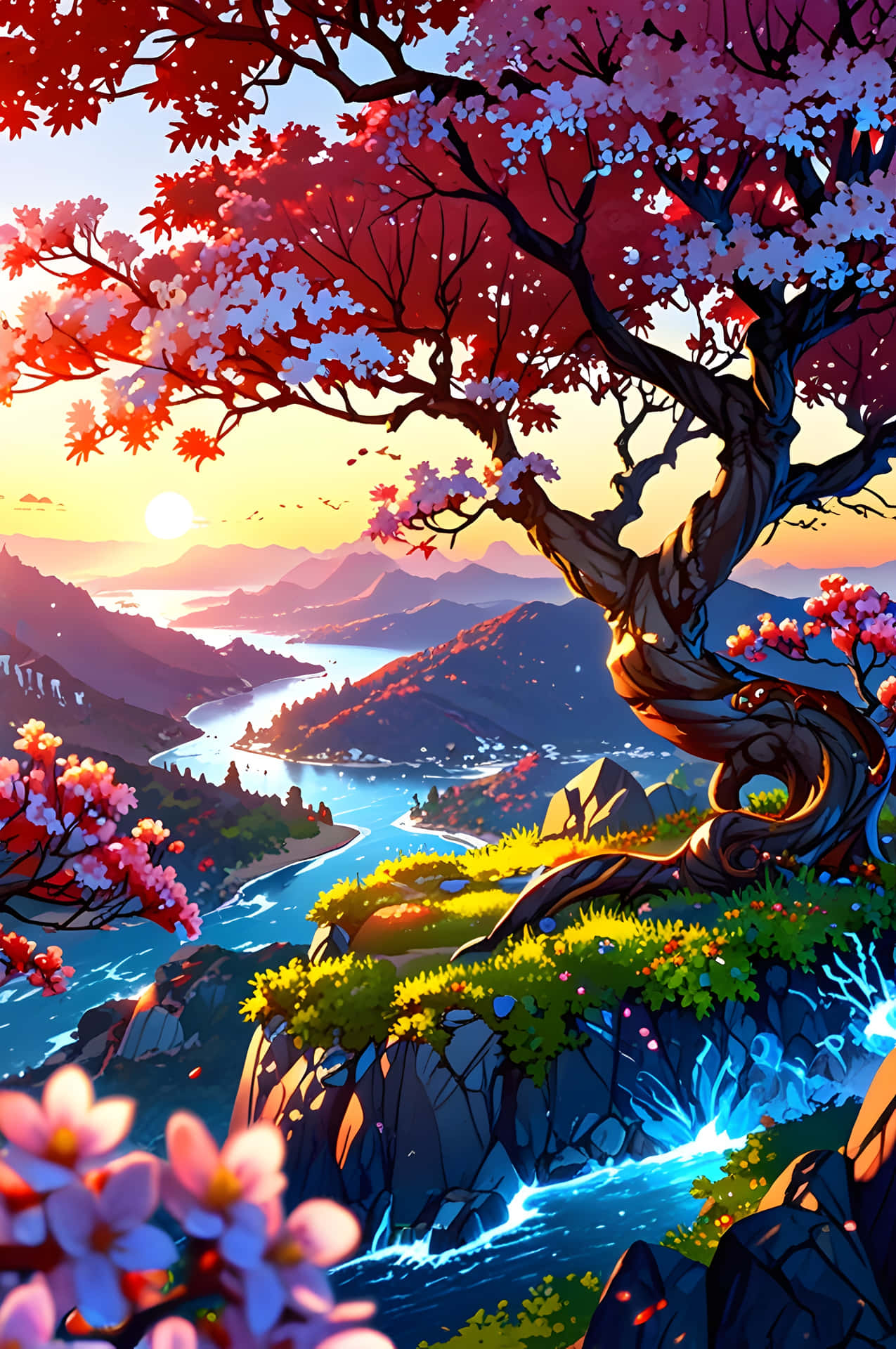 Coastal Spring Horizon 壁紙 — 一棵雄偉的櫻花樹，開著紅色和粉紅色的花朵，在日落時分框住了蜿蜒穿過山谷的河流。