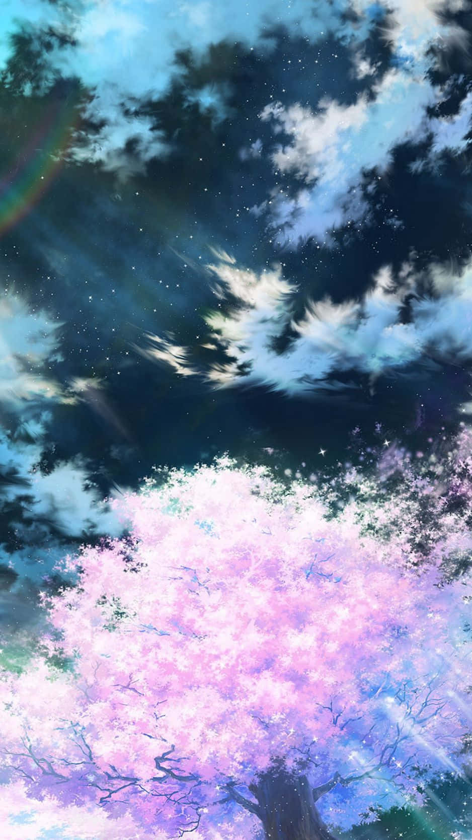 Pink Anime 桌布 壁紙 — 一棵雄偉的櫻花樹在繁星點點的暮色天空下綻放，伴隨著柔軟的雲朵和一道淡淡的彩虹弧。