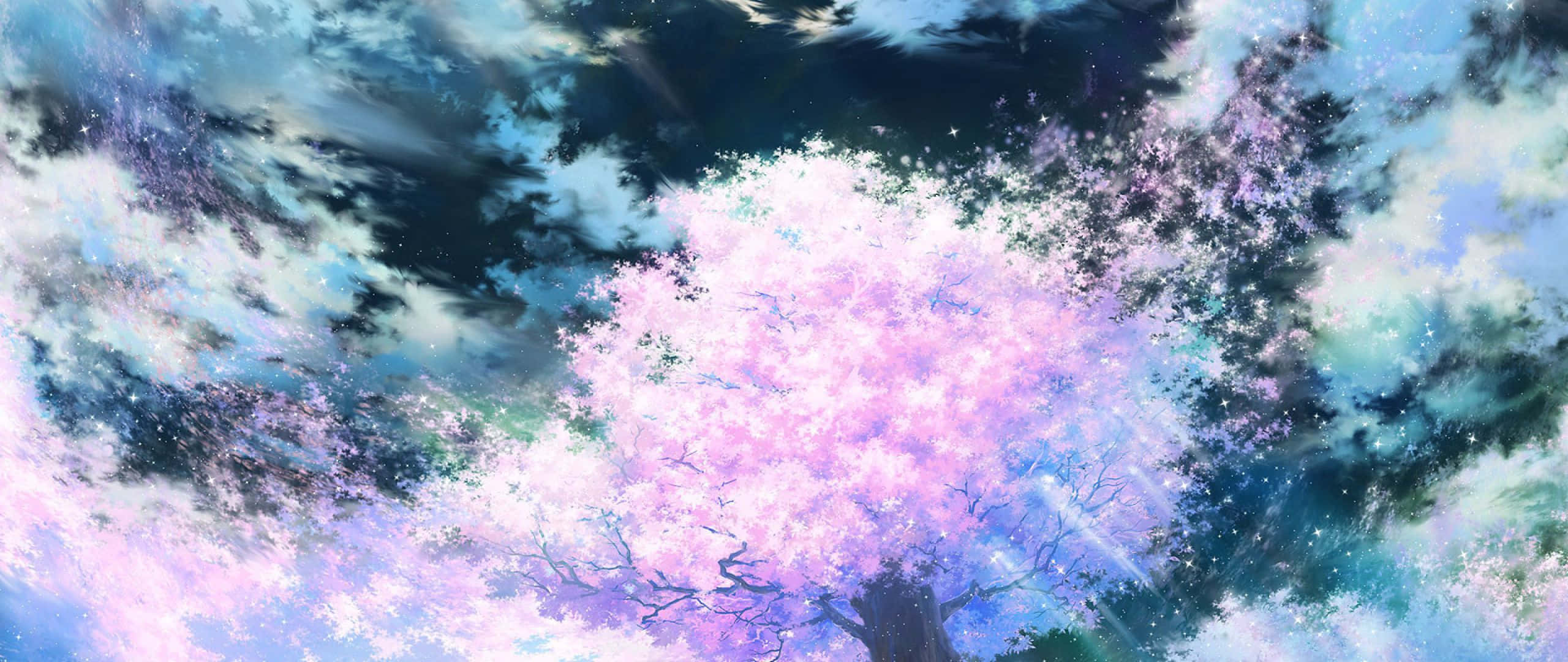 Art 2560x1080 桌布 壁紙 — 一棵雄偉的櫻花樹在藍色和紫色的漩渦宇宙天空中綻放出鮮豔的粉紅色。
