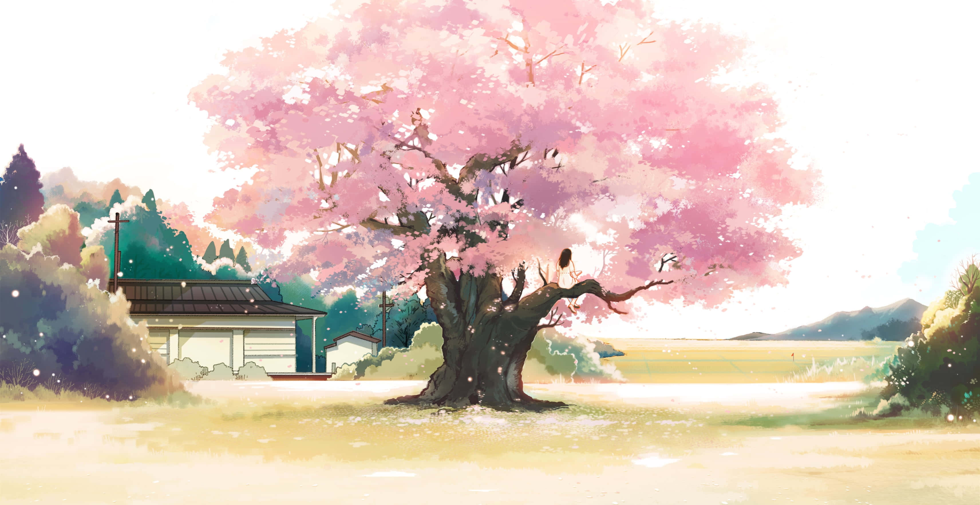 Anime Cherry Blossom 桌布 壁紙 — 一棵雄偉的櫻花樹盛開著粉紅色的花朵，矗立在一棟傳統房屋旁，天空柔和。