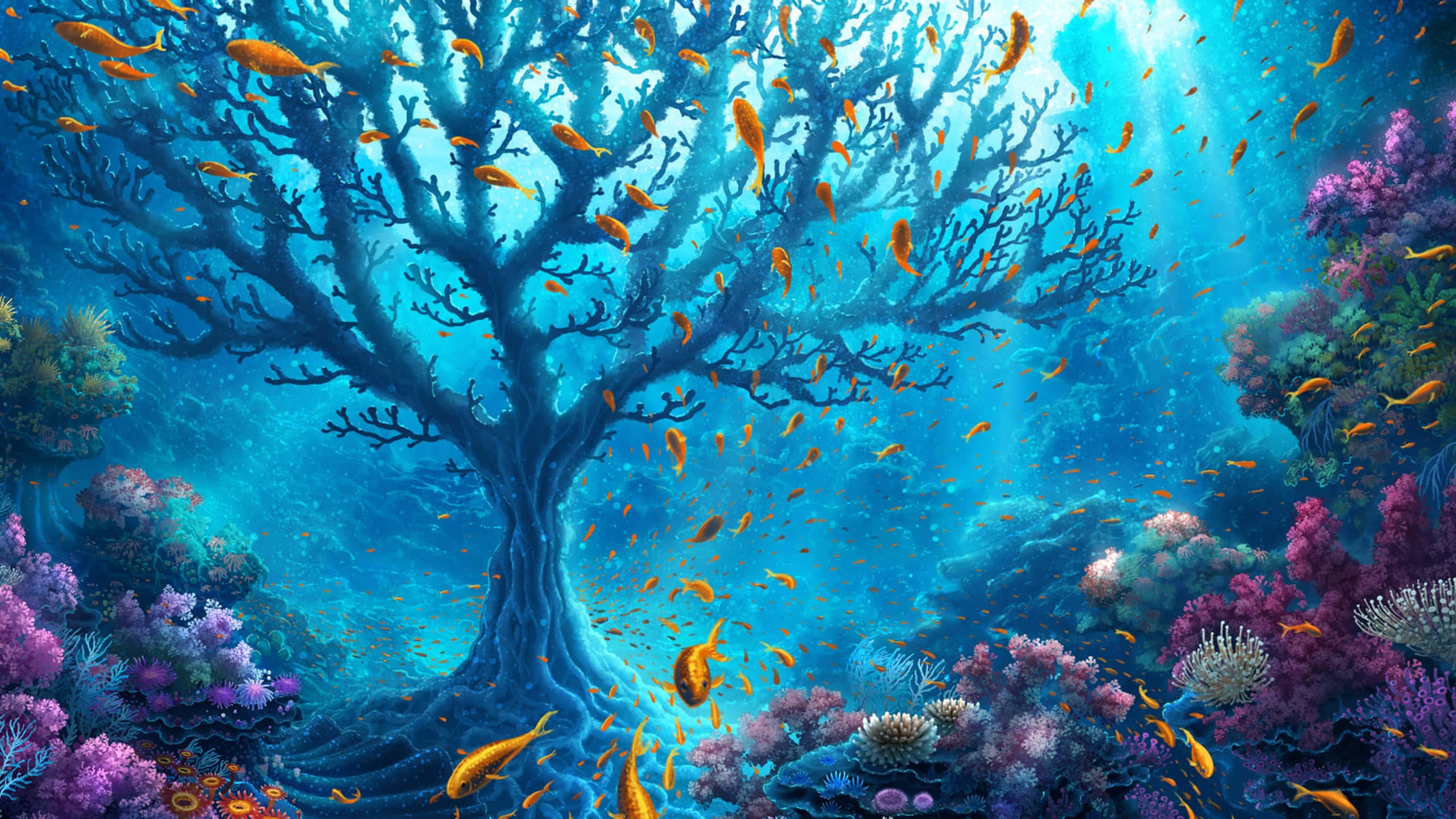 Underwater Ocean 桌布 壁紙 — 一棵雄偉的珊瑚樹矗立在充滿活力的藍色海洋水域中，周圍環繞著紫色珊瑚和橙色魚群。