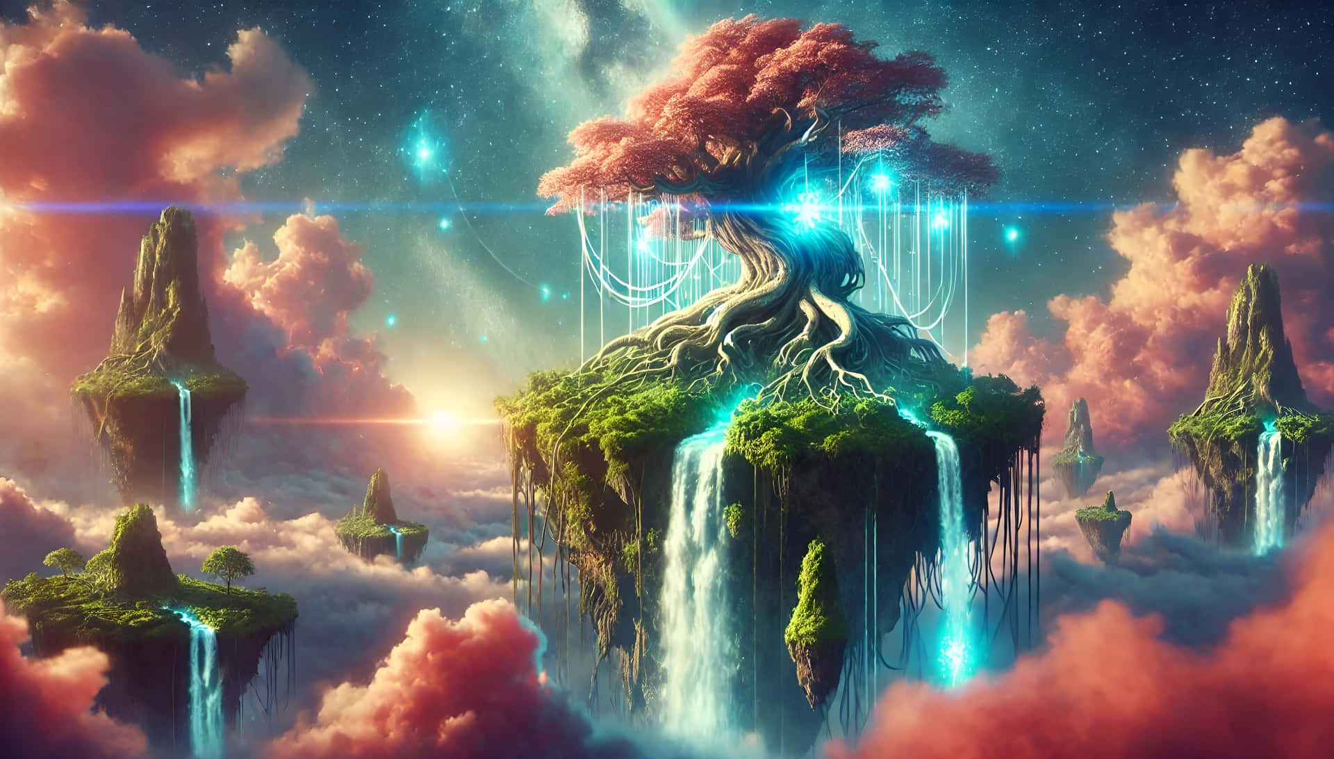 Fantasy landscape with a floating island, an ancient glowing tree, and a waterfall 壁紙 — 一棵雄偉的發光樹扎根於浮島，瀑布在星空下傾瀉入雲層。