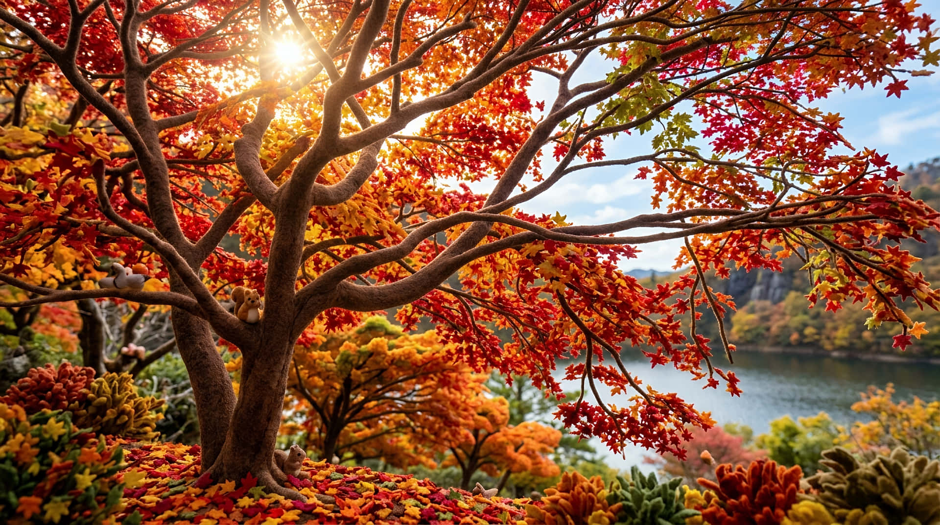 Felted Autumn Maple Tree by the Lake 壁紙 — 一棵雄偉的秋樹，帶有火紅和橙色的葉子，框住了陽光明媚的湖泊，周圍環繞著色彩繽紛的樹葉。