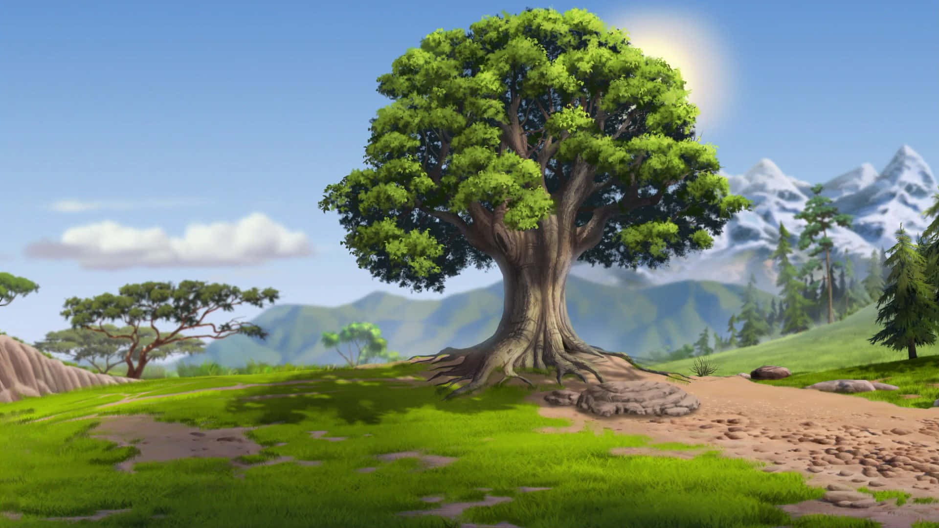 風景 桌布 壁紙 — 一棵雄偉的綠樹獨自矗立在長滿草的山丘上，背景是白雪覆蓋的山脈和明亮的太陽。