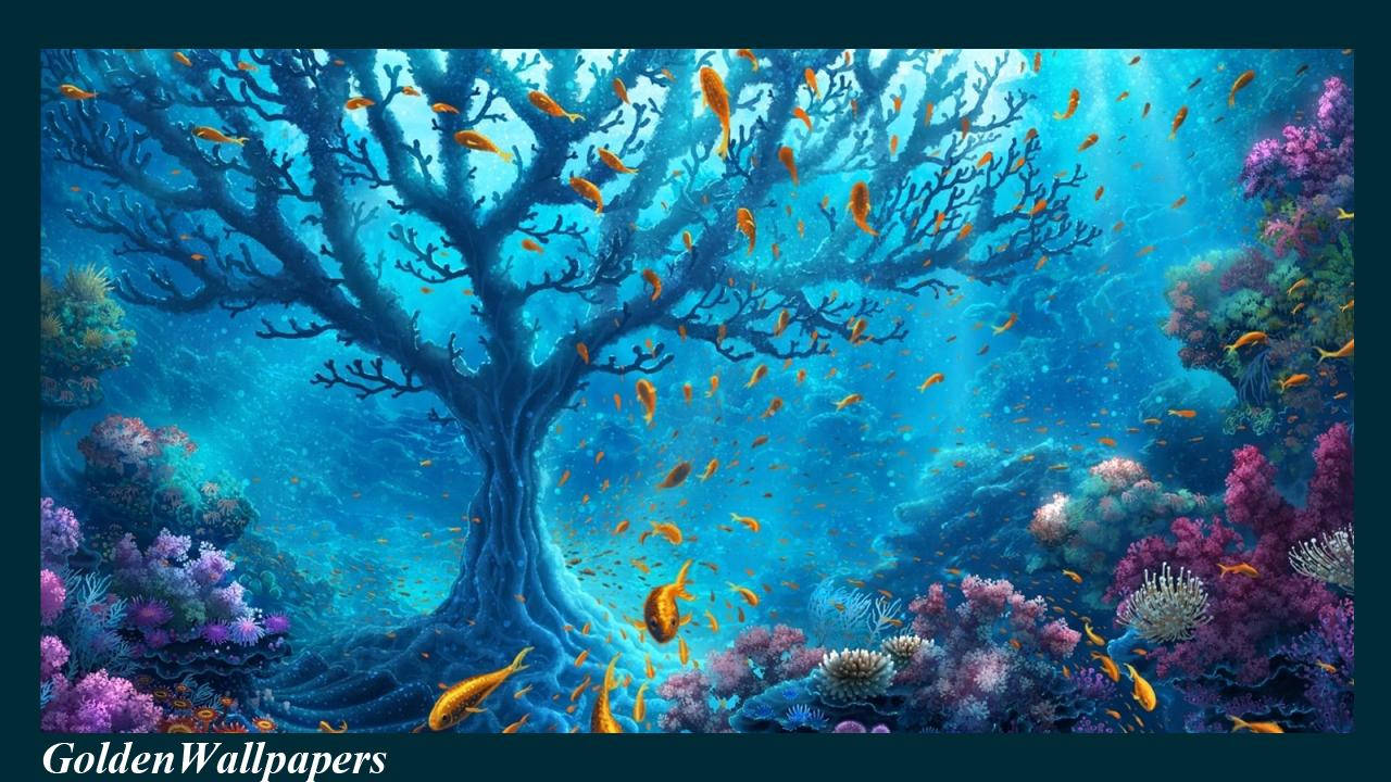 World 桌布 壁紙 — 一棵雄偉的藍色珊瑚樹矗立在充滿活力的海底景觀中，金色的魚群在紫色、粉紅色和藍色的珊瑚礁之間游動。