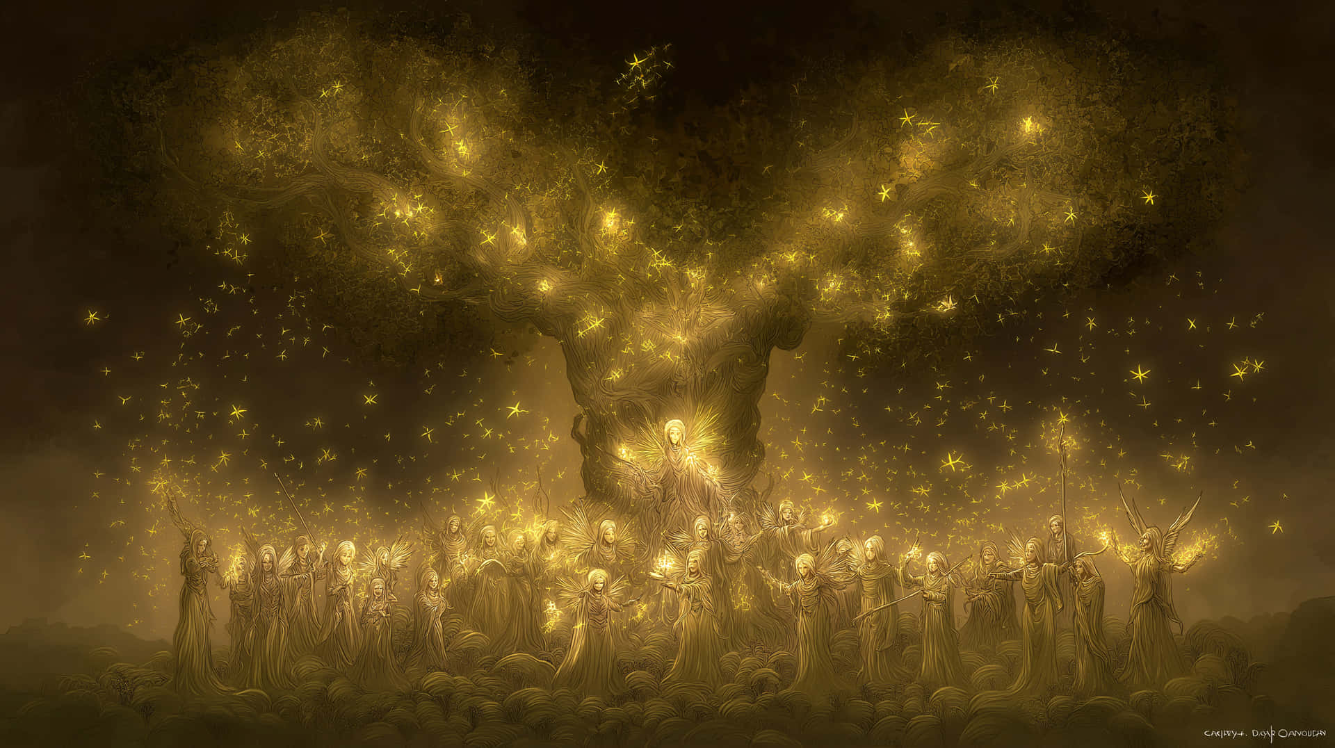 Golden Light Beings Gathered Under Mystical Tree 壁紙 — 一棵雄偉的金色樹木，樹葉發光，立於一群穿著飄逸長袍的空靈人物之上，天空陰暗。