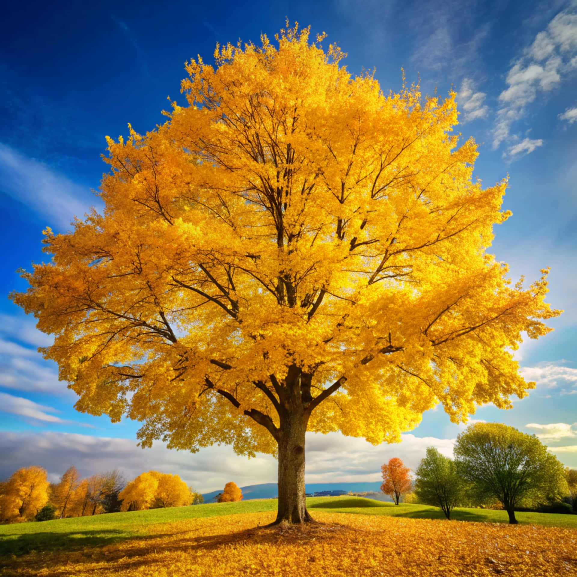 Tree with yellow leaves 壁紙 — 一棵雄偉的金色樹木獨自矗立在陽光明媚的田野上，天空湛藍，雲朵輕柔。