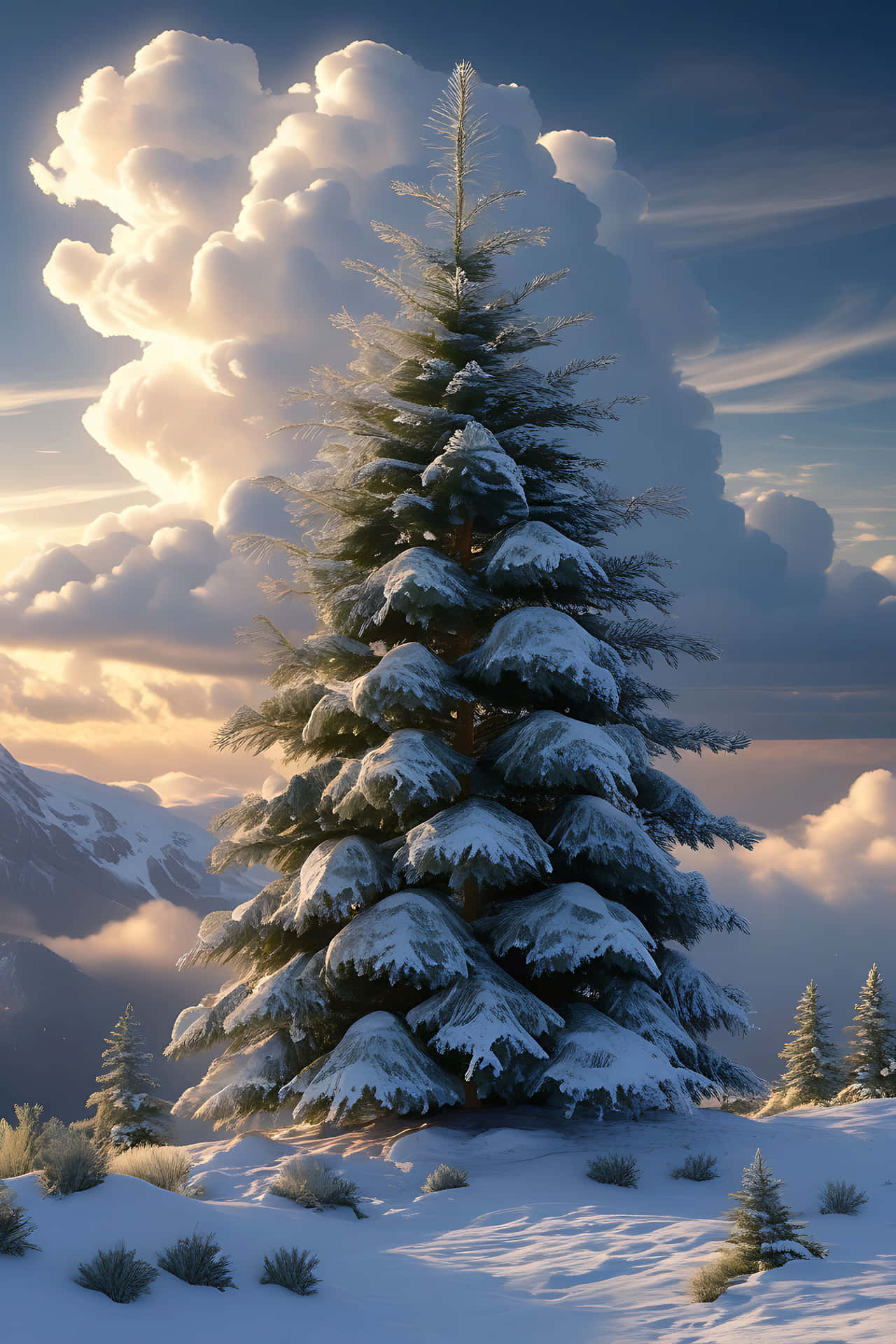 Snowy pine tree at sunset 壁紙 — 一棵雄偉的雪松在日出時戲劇性的金色雲彩下矗立在白雪皚皚的山脊上。