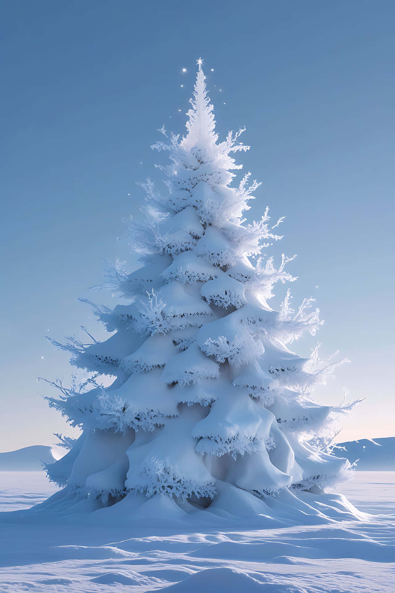 Snowy pine tree in winter landscape 壁紙 — 一棵雄偉的雪松獨自矗立在廣闊的冰凍景觀中，在清澈的藍天下。
