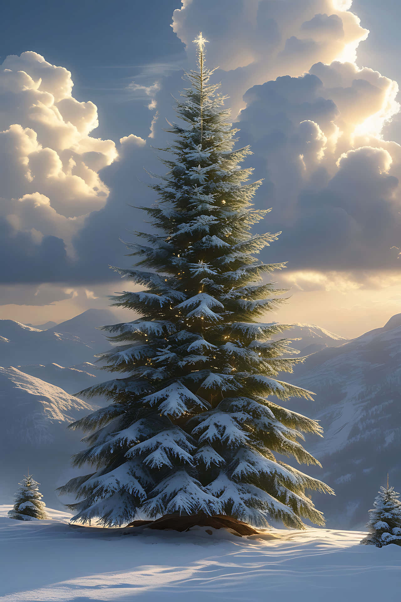 Snowy mountain pine at sunset 壁紙 — 一棵雄偉的雪松聳立在一個被金色日落光芒穿透戲劇性雲層的山谷中。