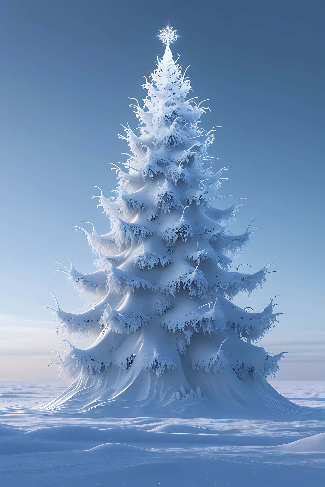 Snow covered christmas tree 壁紙 — 一棵雄偉的雪松高聳在清澈的藍天下，頂端有一顆閃爍的星星。
