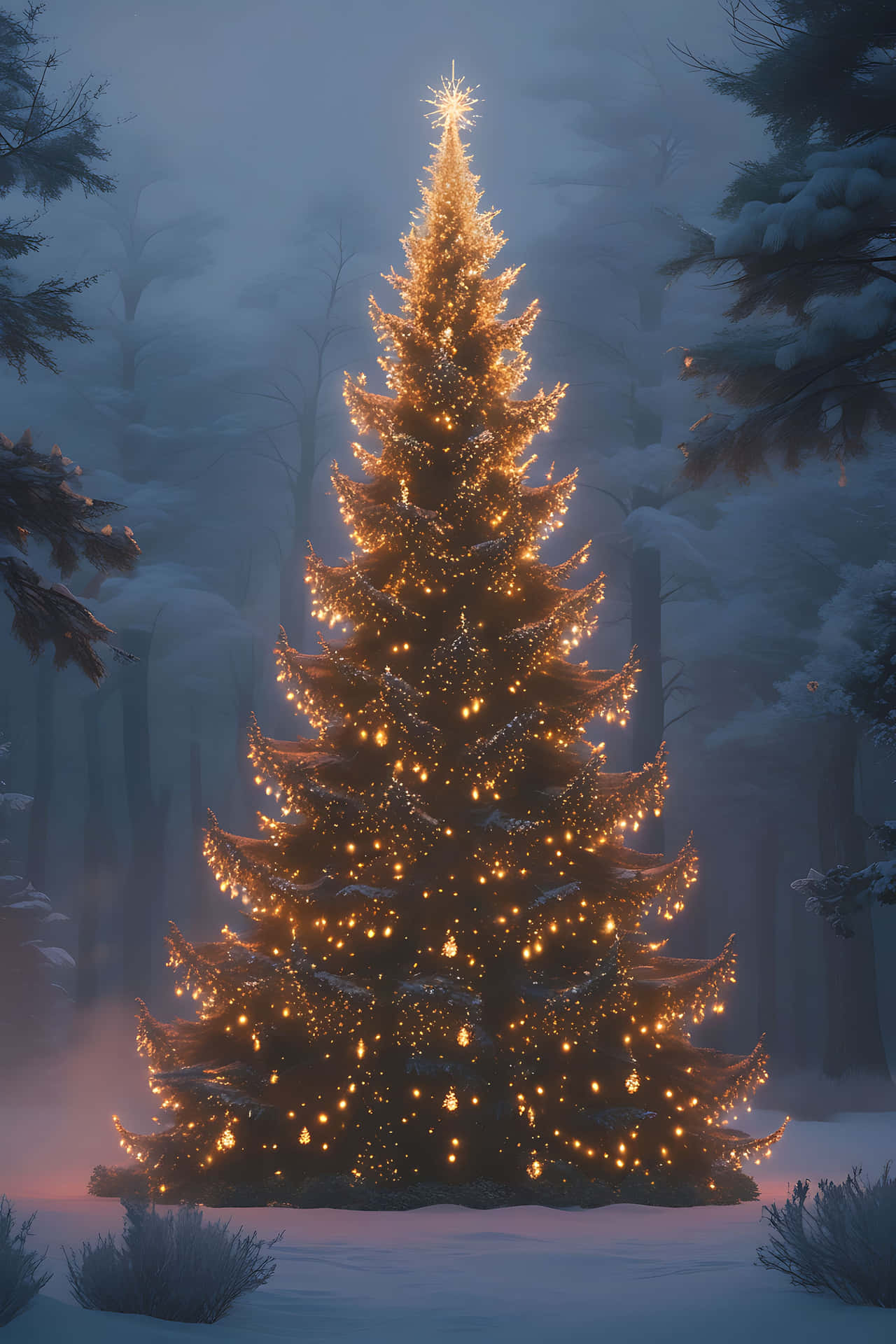 Illuminated christmas tree in snowy forest 壁紙 — 一棵雄偉的雪覆蓋聖誕樹在霧濛濛的冬季森林背景下，以金色燈光溫暖地發光。