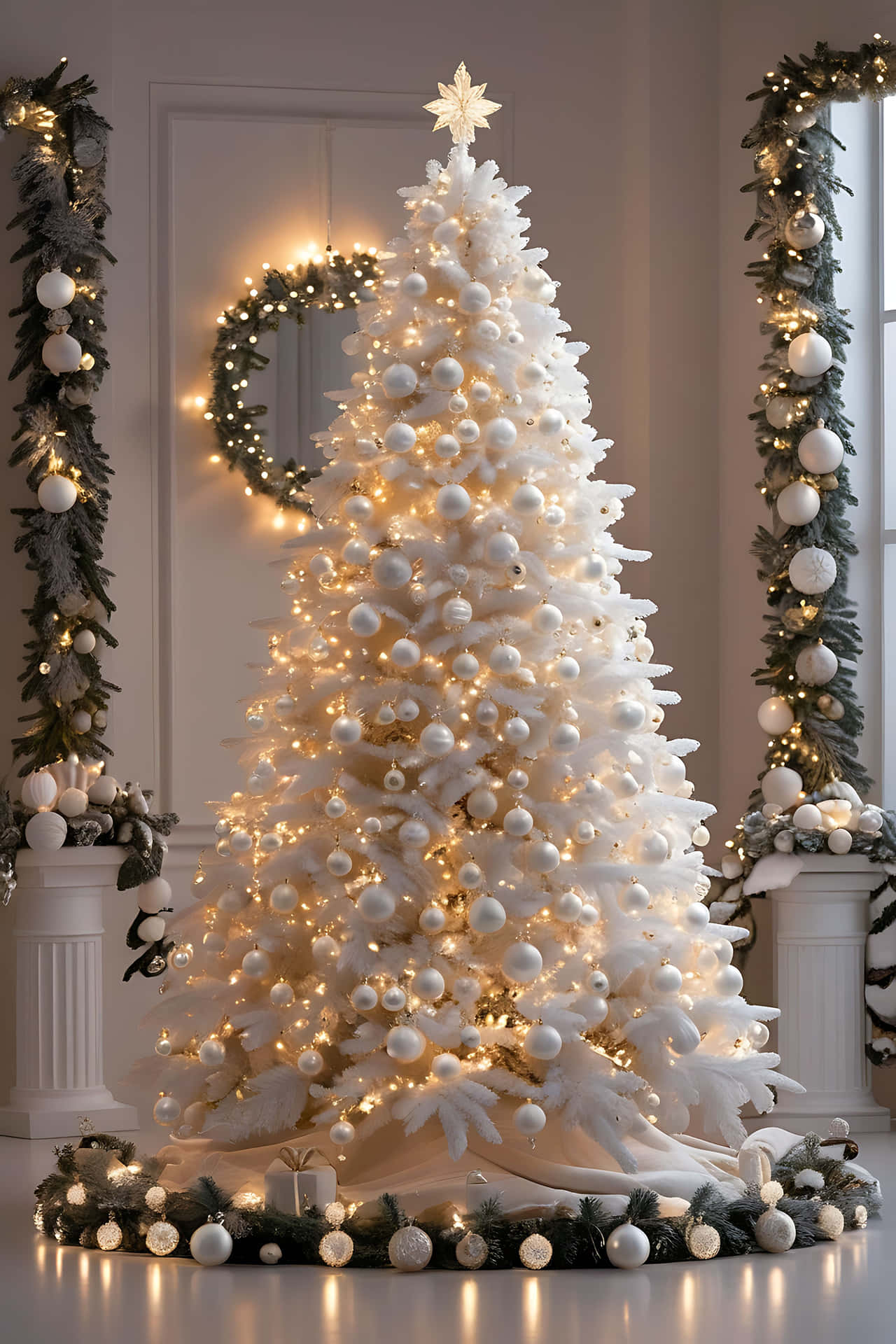 Elegant white christmas tree with warm lights 壁紙 — 一棵雪白的聖誕樹，飾以發光的燈飾和白色裝飾品，位於兩根裝飾有花環和花彩的柱子之間。