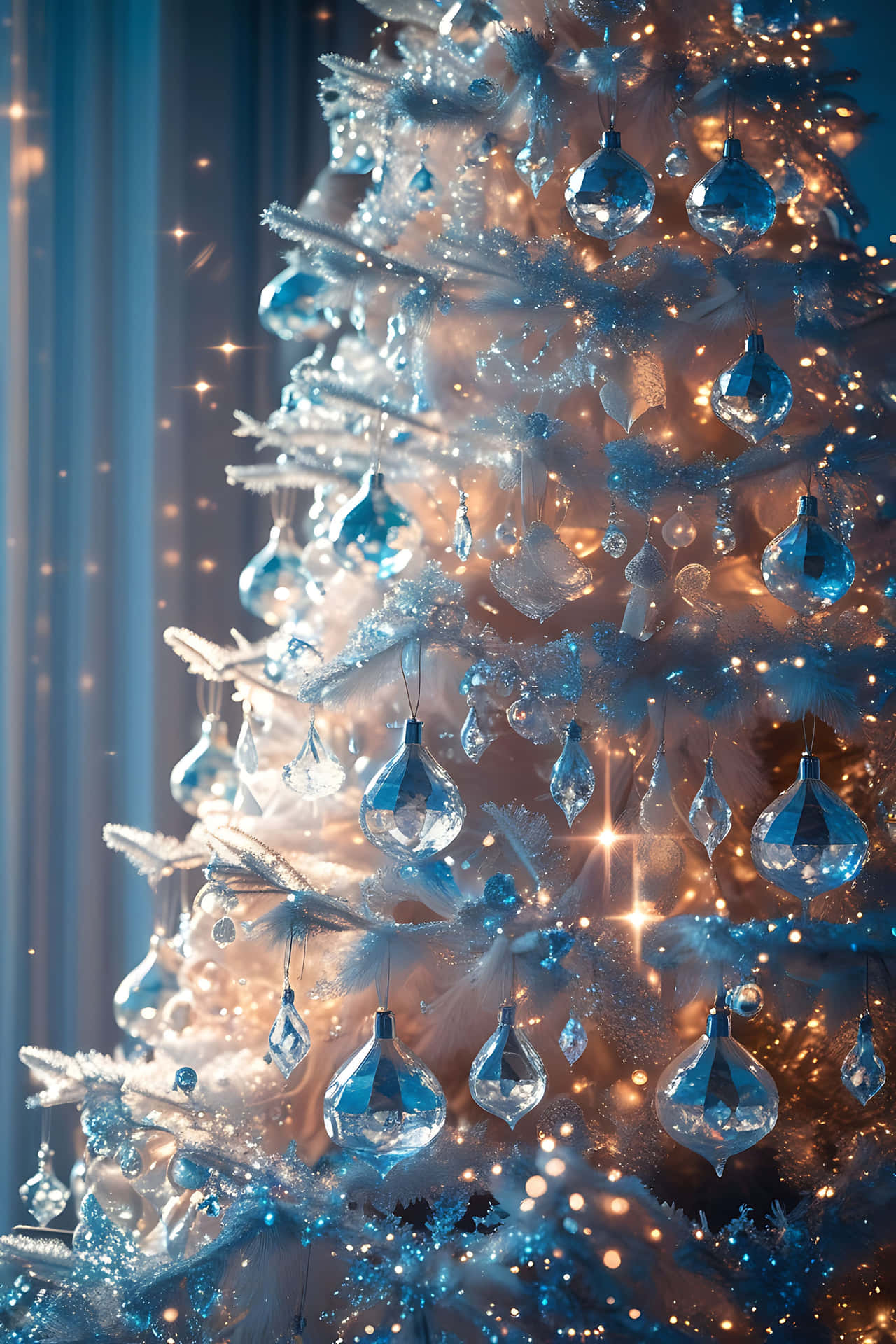 Elegant blue christmas tree 壁紙 — 一棵雪白的聖誕樹，飾以藍色玻璃飾品和溫暖的金色仙女燈，在柔和的藍色窗簾背景下閃爍。