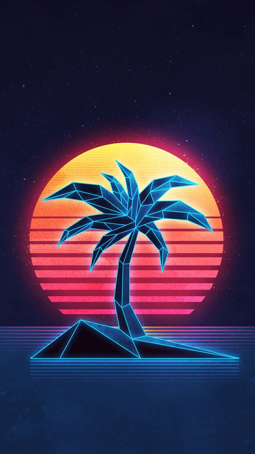 80s iPhone 桌布 壁紙 — 一棵霓虹藍色幾何棕櫚樹矗立在浮島上，背景是充滿活力的日落，帶有水平條紋和星空夜空。