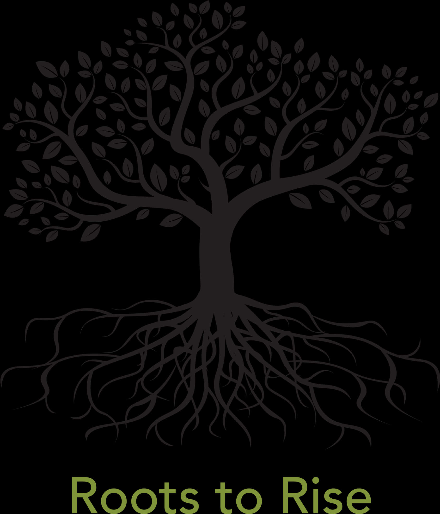 Tree Silhouette 桌布 壁紙 — 一棵風格化的單色樹，帶有複雜的根和枝條，背景為黑色，綠色文字寫著 Roots to Rise。