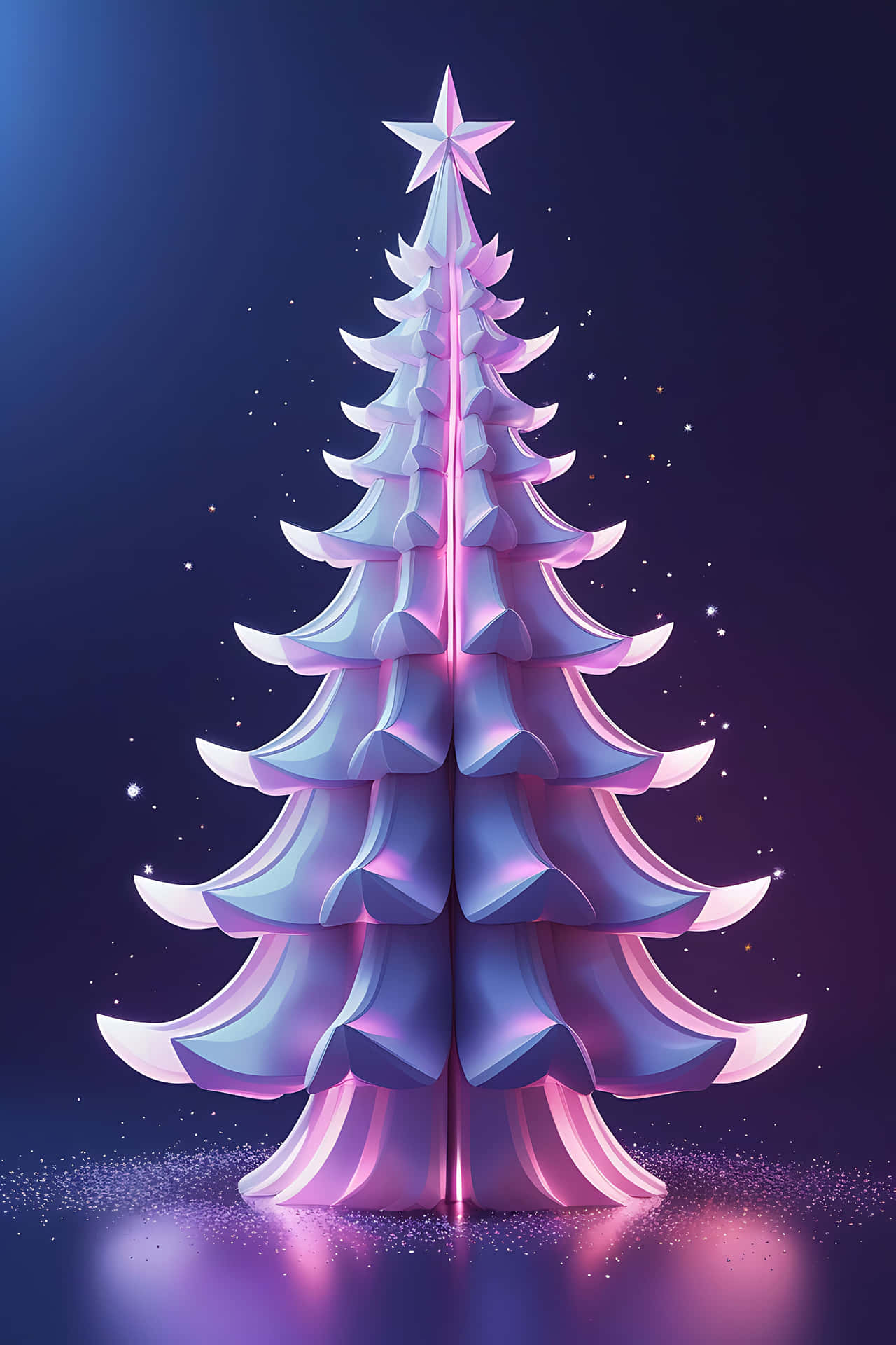 Illuminated christmas tree 壁紙 — 一棵風格化的幾何聖誕樹，帶有發光的粉紅色和藍色邊緣，矗立在繁星點點的深紫色背景上。
