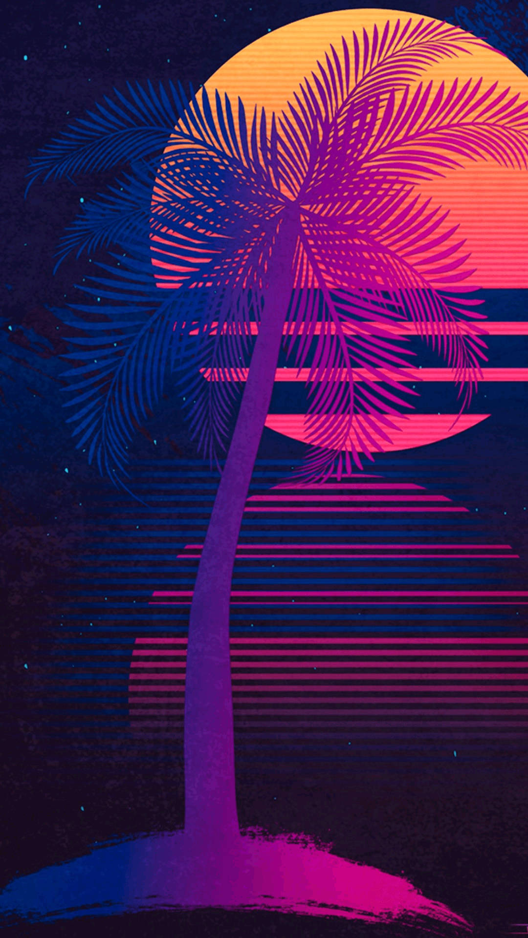 蒸氣波 桌布 壁紙 — 一棵風格化的棕櫚樹剪影，襯托著充滿活力的日落，帶有水平霓虹條紋和星空。