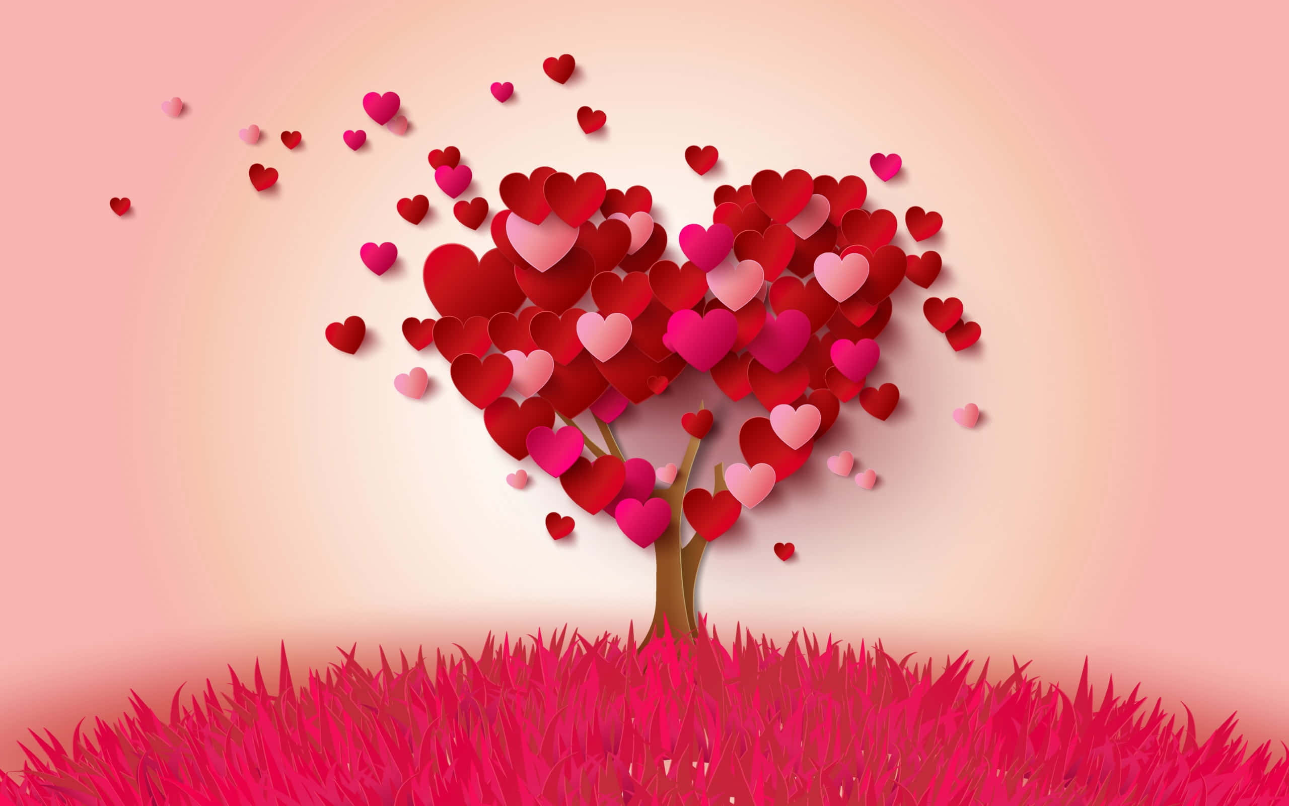 Aesthetic Heart 桌布 壁紙 — 一棵風格化的樹，帶有心形葉子，立在充滿活力的粉紅色草地上，背景是柔和的漸變粉紅色。