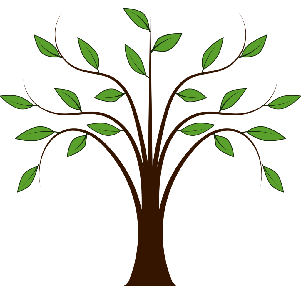 Tree Branch 桌布 壁紙 — 一棵風格化的樹，帶有棕色樹枝和綠色葉子，立在純黑色背景上。