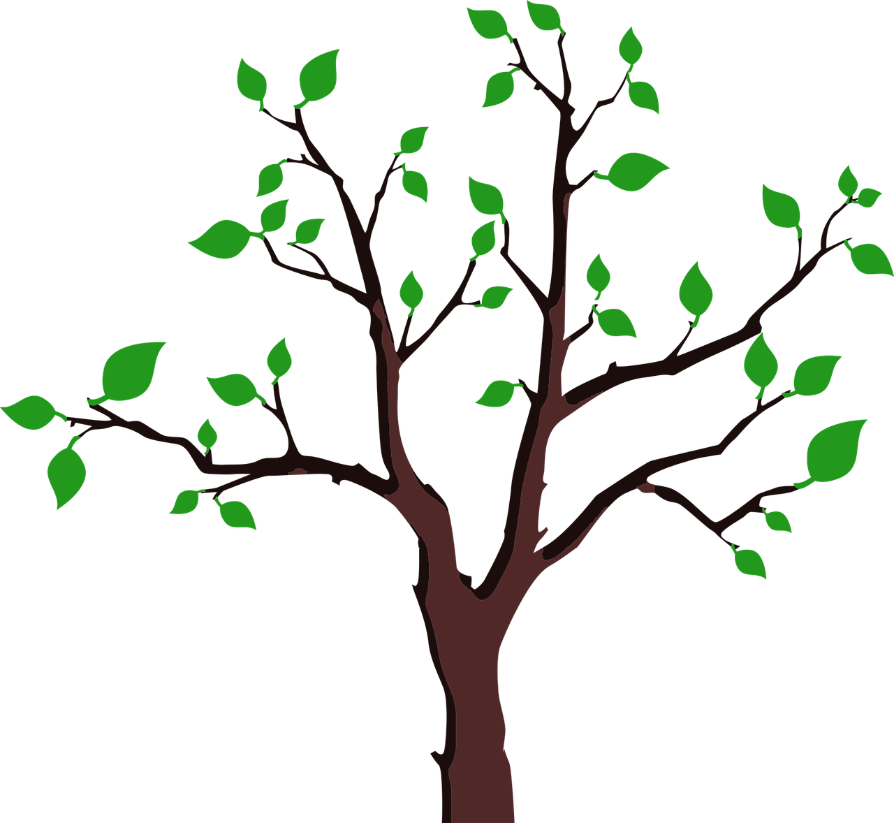 Tree Leaves 桌布 壁紙 — 一棵風格化的樹，帶有深棕色樹枝和亮綠色葉子，立在純黑色背景上。