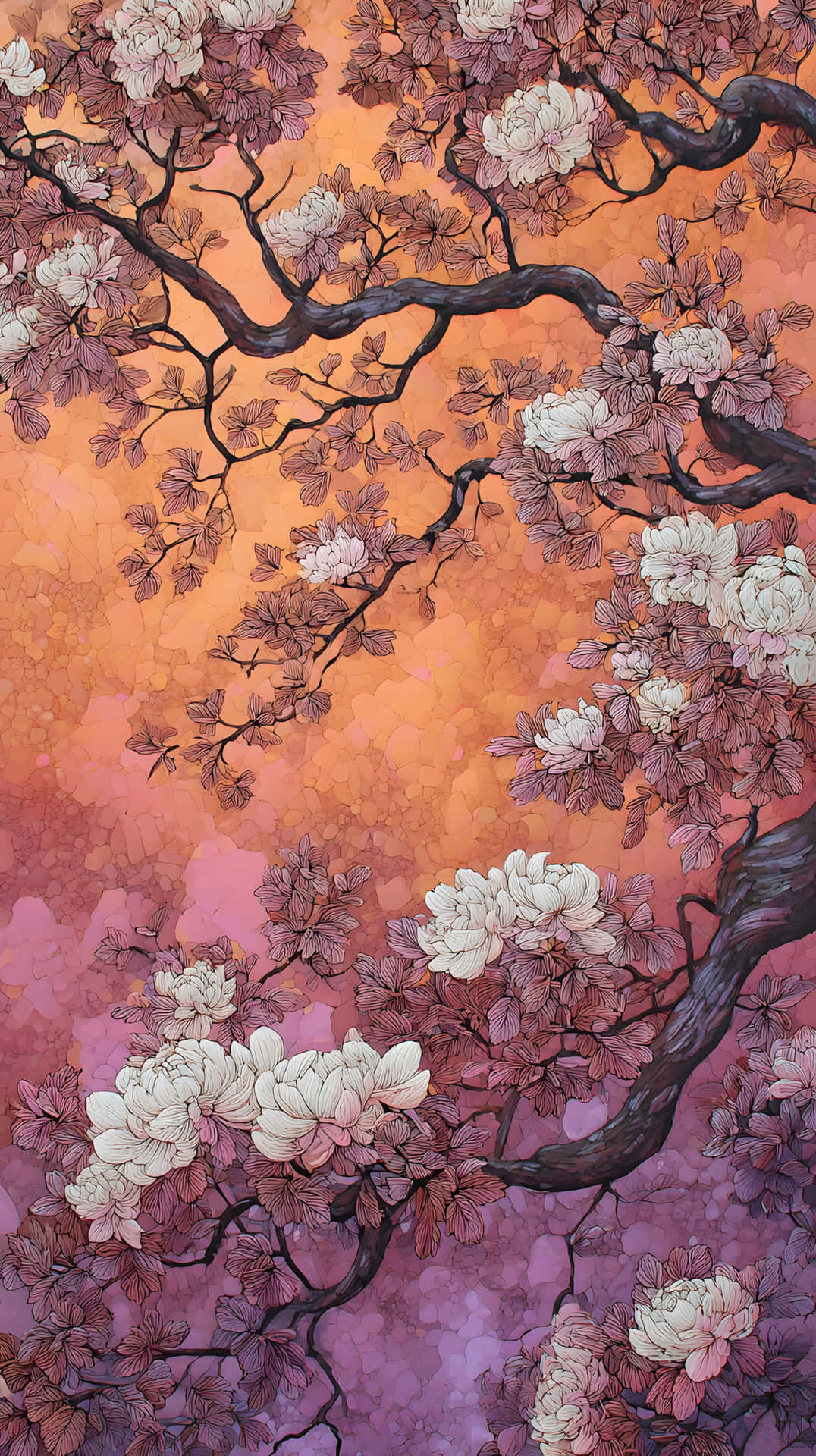 Cherry blossom branches pink purple gradient 壁紙 — 一棵風格化的樹，帶有白色花朵和深色樹枝，在橙色和紫色的漸變天空中伸展。
