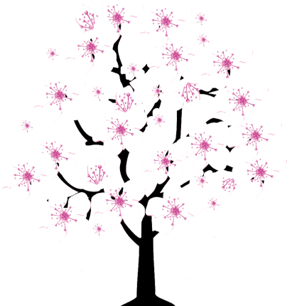 Cherry Blossom Tree 桌布 壁紙 — 一棵風格化的樹，帶有粉紅色花朵和黑色輪廓，在純黑色背景上綻放。