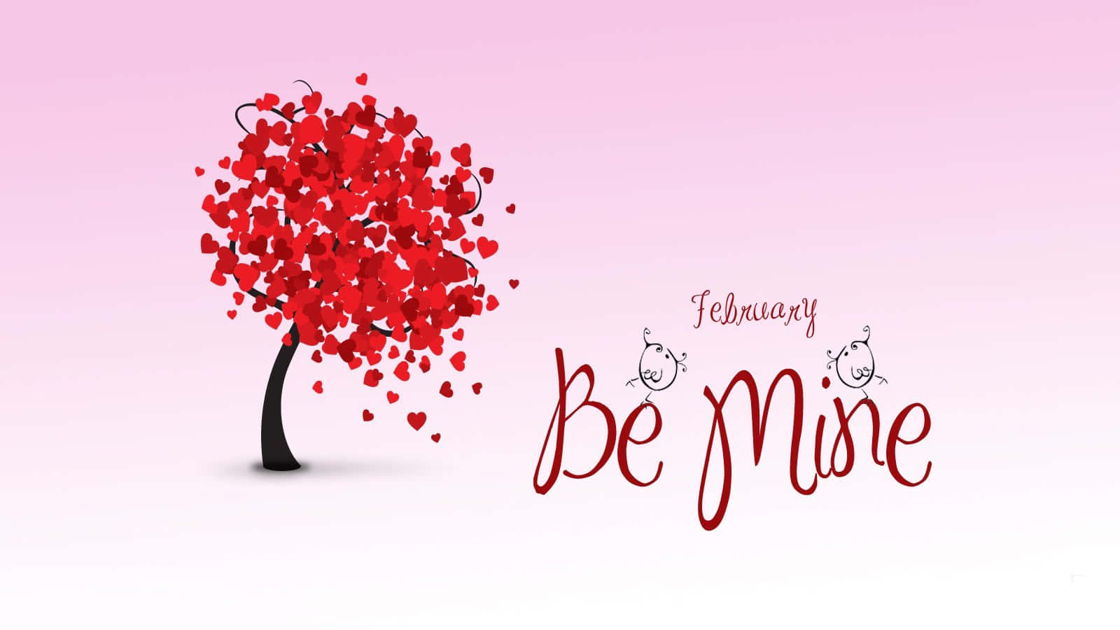 Valentines 桌布 壁紙 — 一棵風格化的樹，帶有紅色心形葉子，站在 'Be Mine' 文字旁邊，背景是柔和的粉紅色漸變。