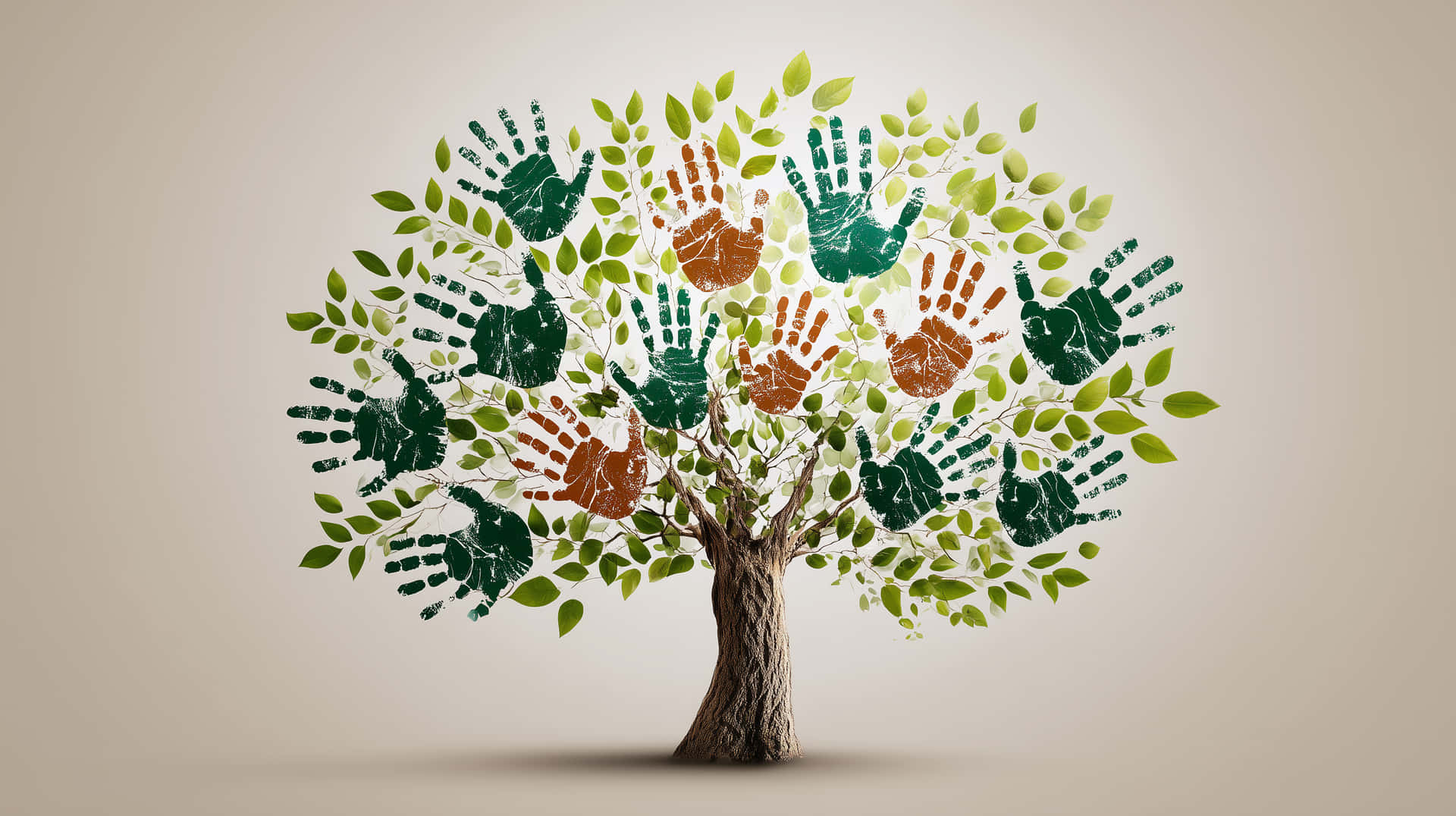 Tree of Handprints 壁紙 — 一棵風格化的樹，帶有紋理的棕色樹幹和樹枝，點綴著綠色葉子和綠色及橙色的手印，背景為米色。