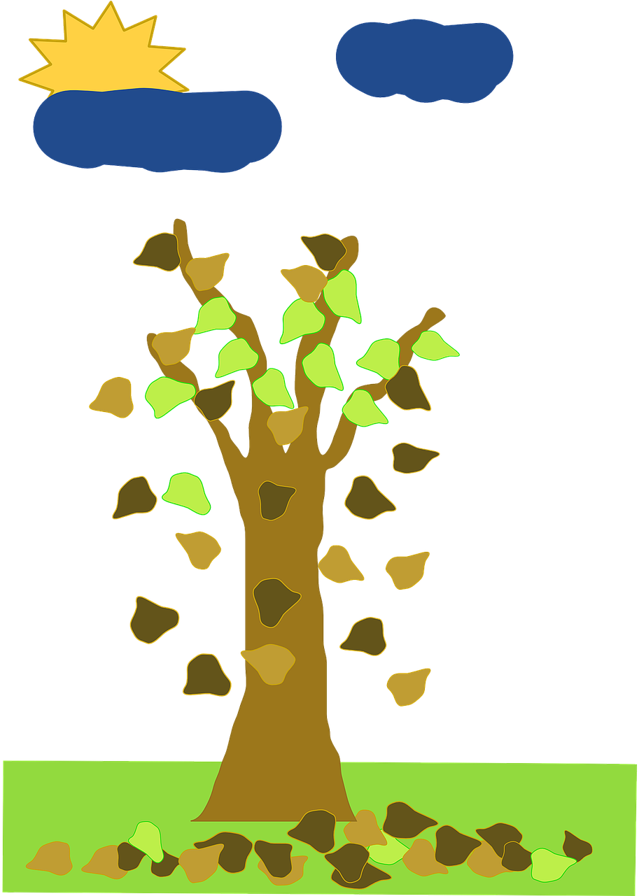 Tree Leaves 桌布 壁紙 — 一棵風格化的樹，帶有綠色和棕色的葉子，站在陽光和雲朵下的草地上。