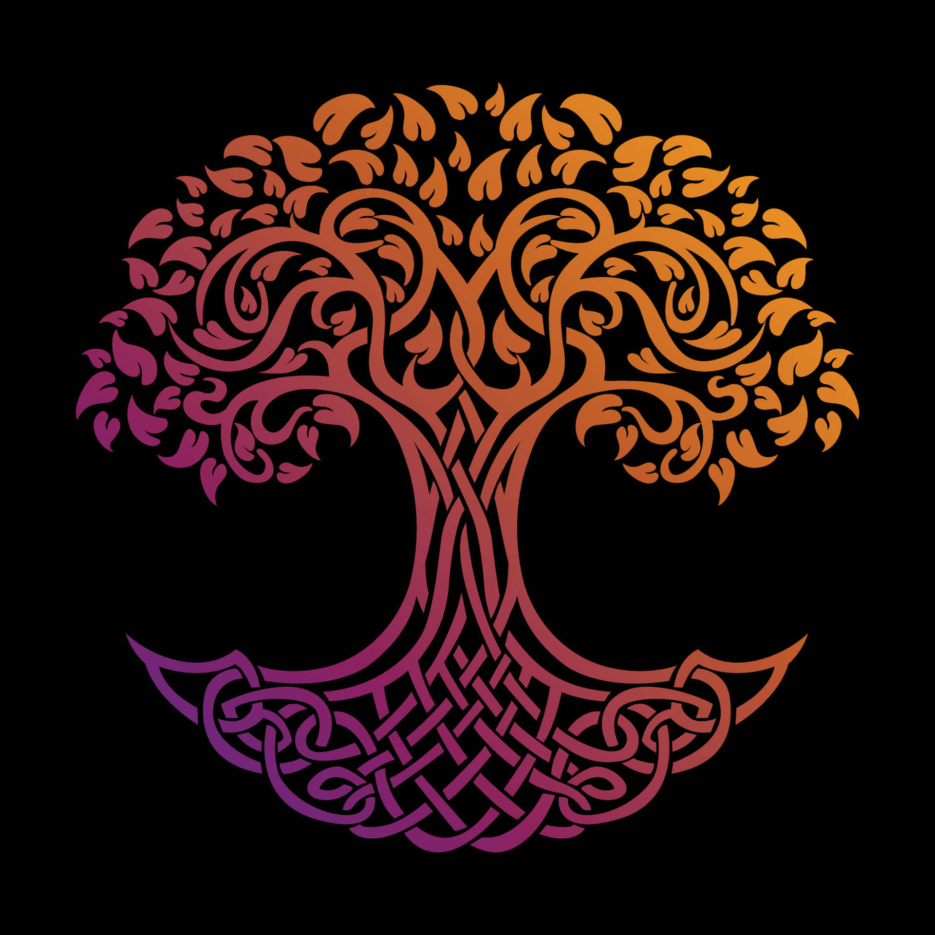 Tree Of Life 桌布 壁紙 — 一棵風格化的樹，帶有複雜的凱爾特結根和旋轉的樹枝，在黑色背景下從深紫色過渡到火橙色。