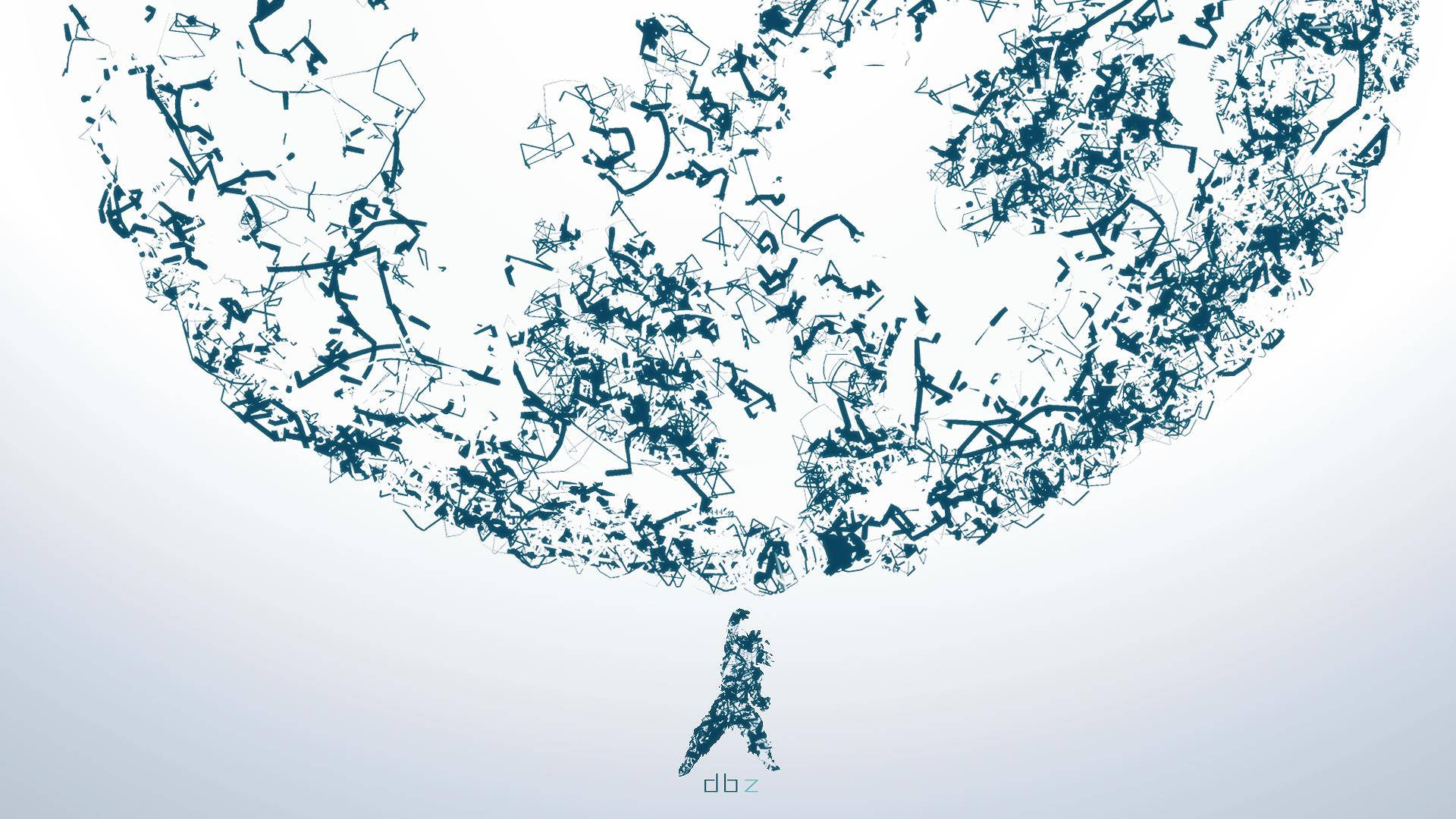 spirit 桌布 壁紙 — 一棵風格化的樹，帶有複雜的藍色線條藝術樹枝和葉子，背景為柔和漸變色。