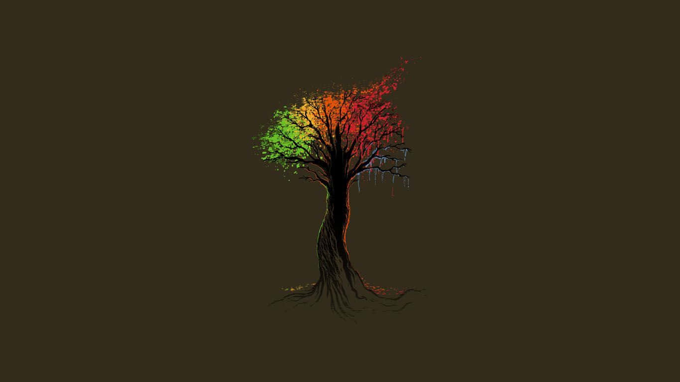 1366x768 Minimalist 桌布 壁紙 — 一棵風格化的樹，帶有鮮豔的彩虹色樹葉，背景為深棕色，樹根廣泛伸展，樹枝向上延伸。