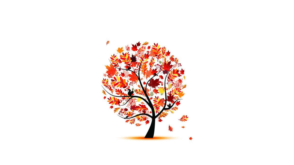 Autumn Season 桌布 壁紙 — 一棵風格化的樹，帶有鮮豔的紅色、橙色和黃色葉子，背景為純白色。