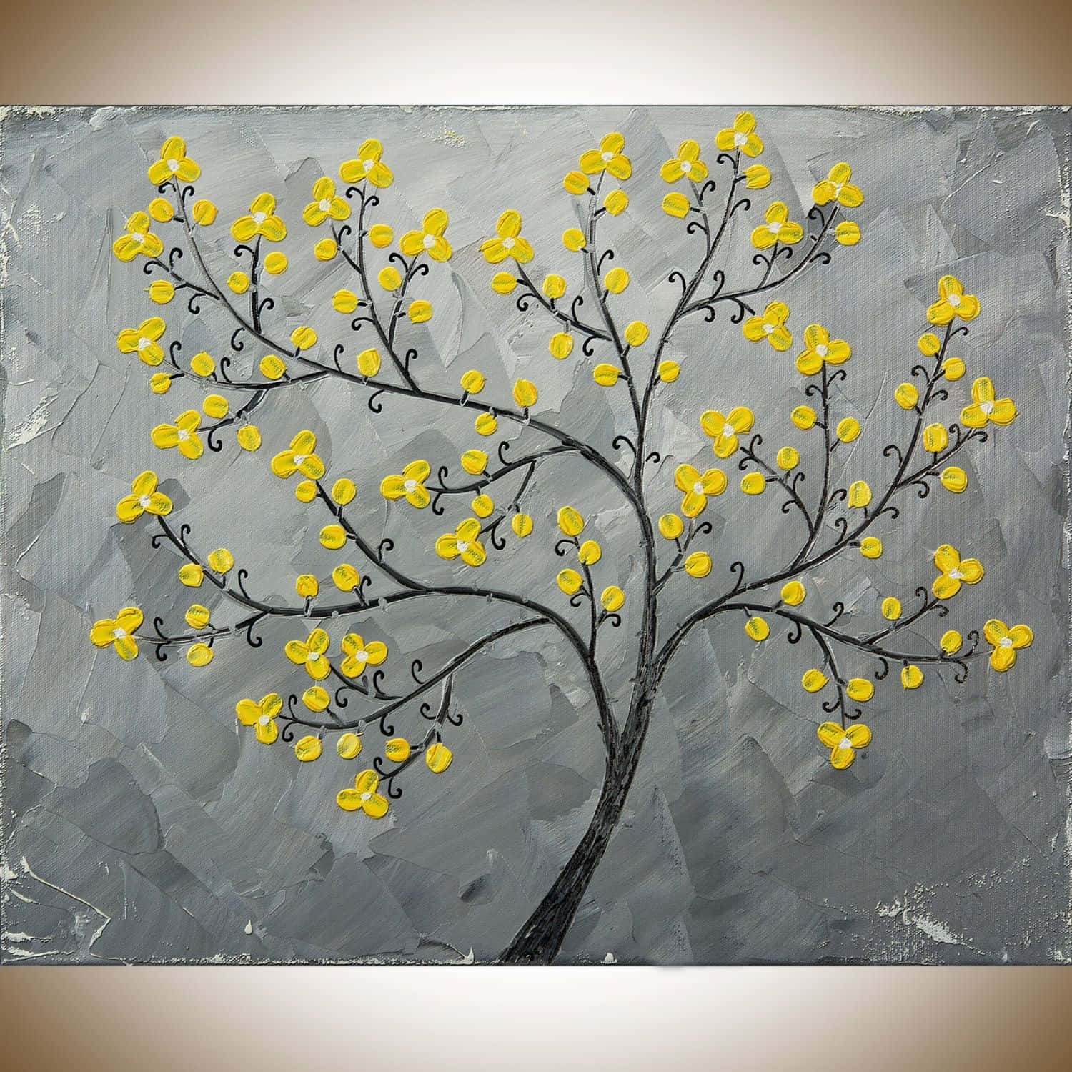Yellow Art 桌布 壁紙 — 一棵風格化的樹，帶有黑色樹枝和鮮黃色花朵，在紋理灰色背景上以厚塗顏料綻放。