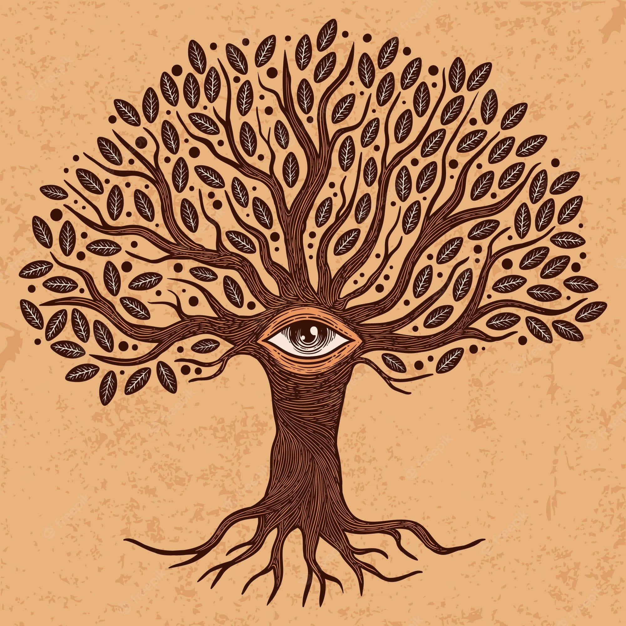 Tree Of Life 桌布 壁紙 — 一棵風格化的樹，樹幹中央有一個精細的大眼睛，周圍是複雜的樹枝和樹葉。