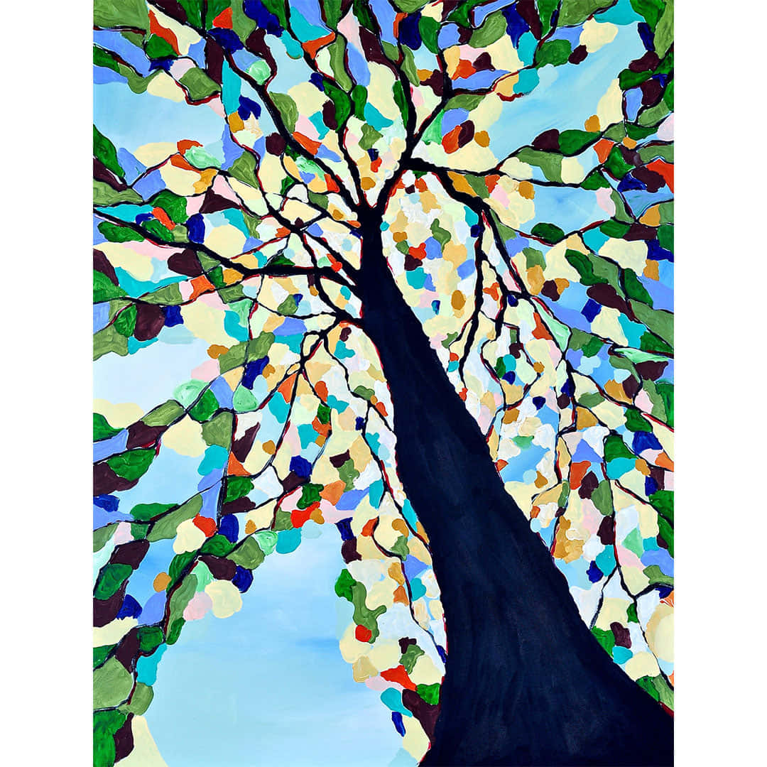 Tree Of Life 桌布 壁紙 — 一棵風格化的樹，樹幹深色，抽象的多色葉子，在淺藍色的天空下向上伸展。