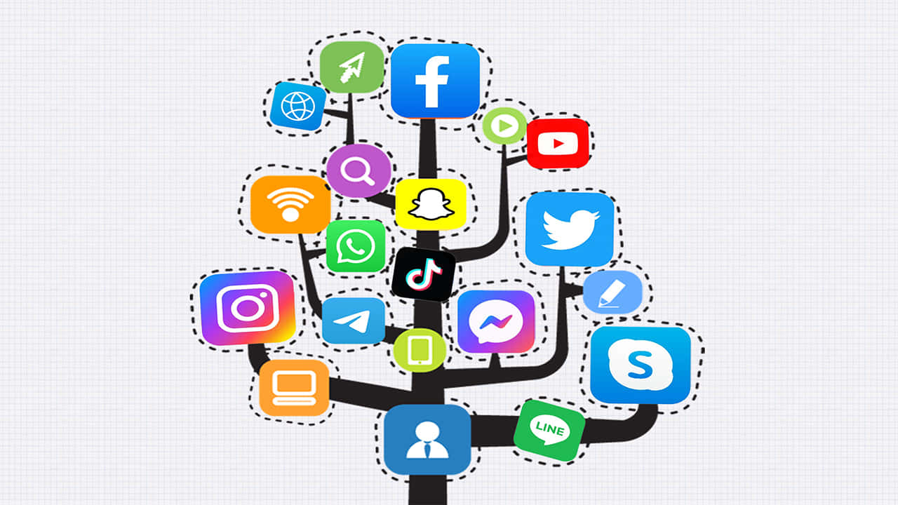 樹枝上掛著社交媒體應用程式圖示的樹，例如 Facebook、Twitter 和 Instagram。 — Valorant Logo 壁紙