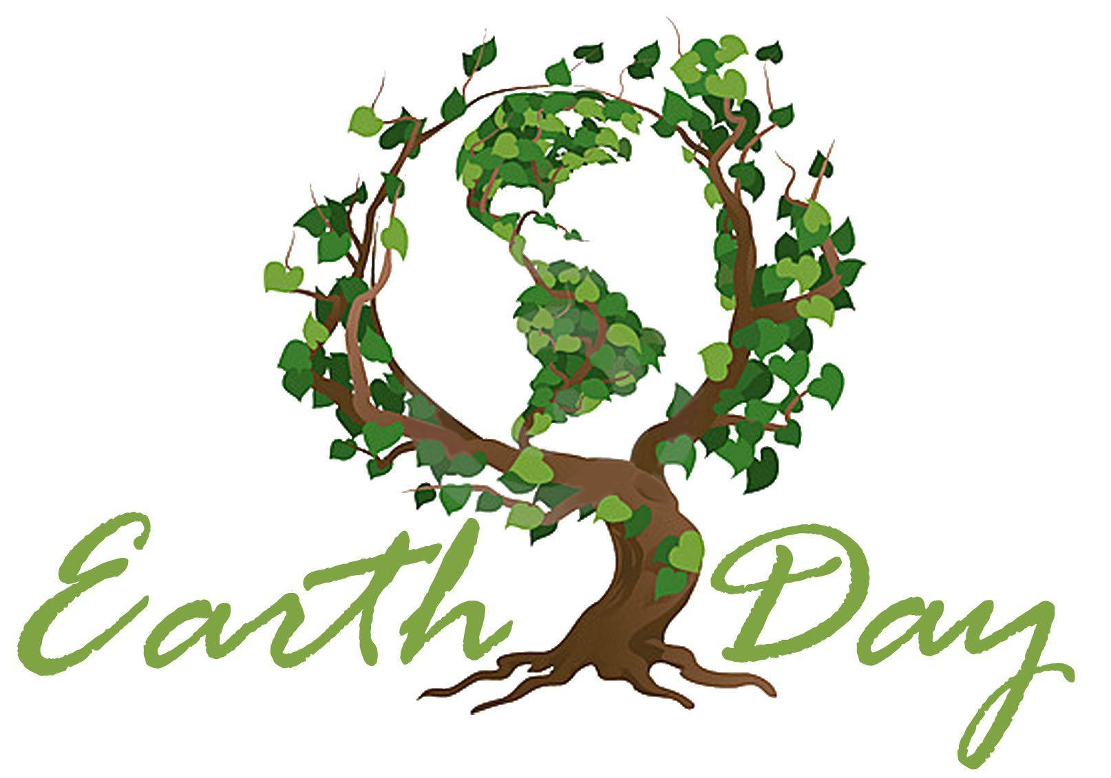 Earth Day 桌布 壁紙 — 一棵風格化的樹，樹枝形成一個被綠葉覆蓋的地球，下方以草書寫有「Earth Day」。
