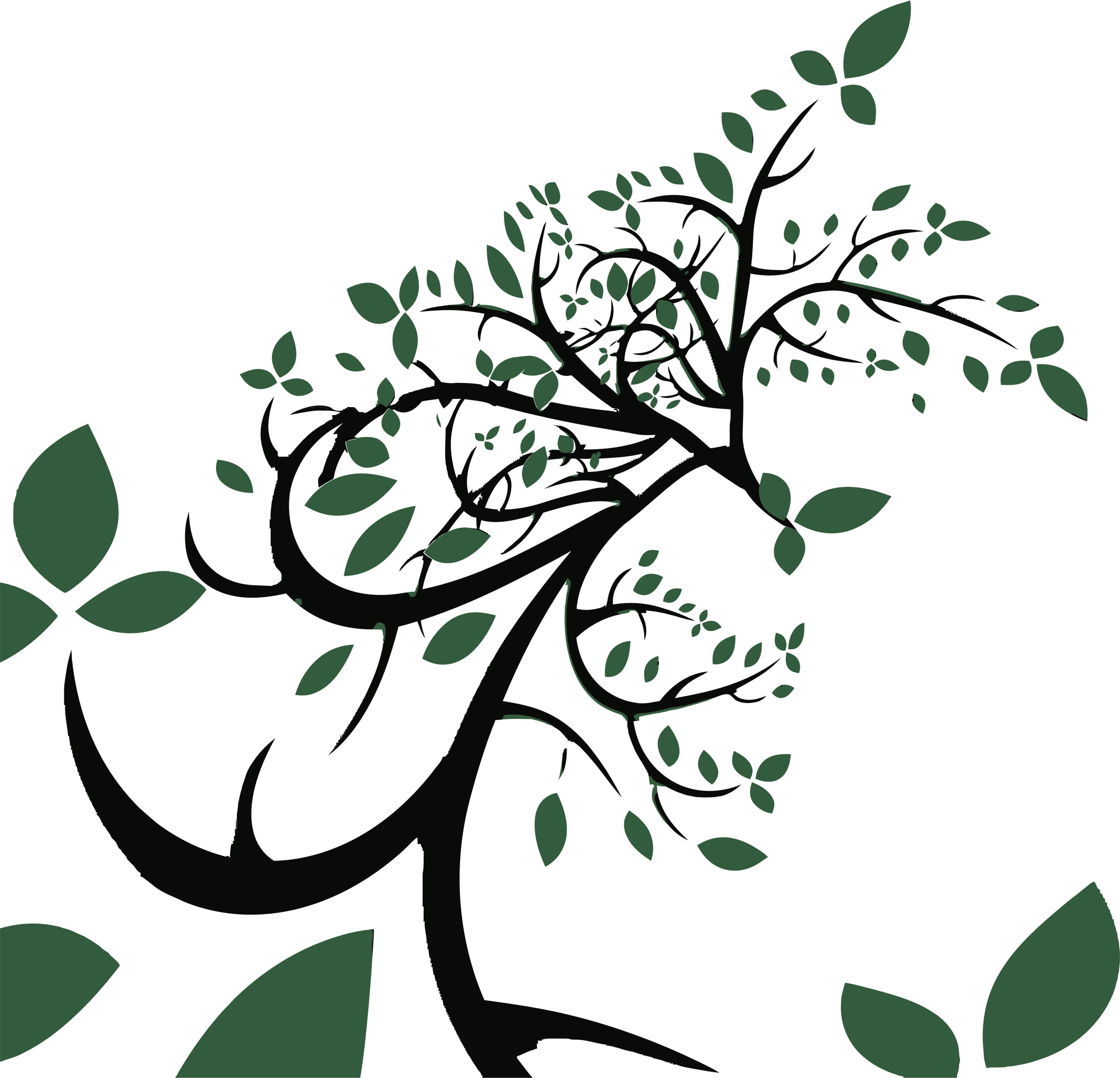 Tree Leaves 桌布 壁紙 — 一棵風格化的樹，深色樹枝和綠色葉子在黑色背景上形成剪影。