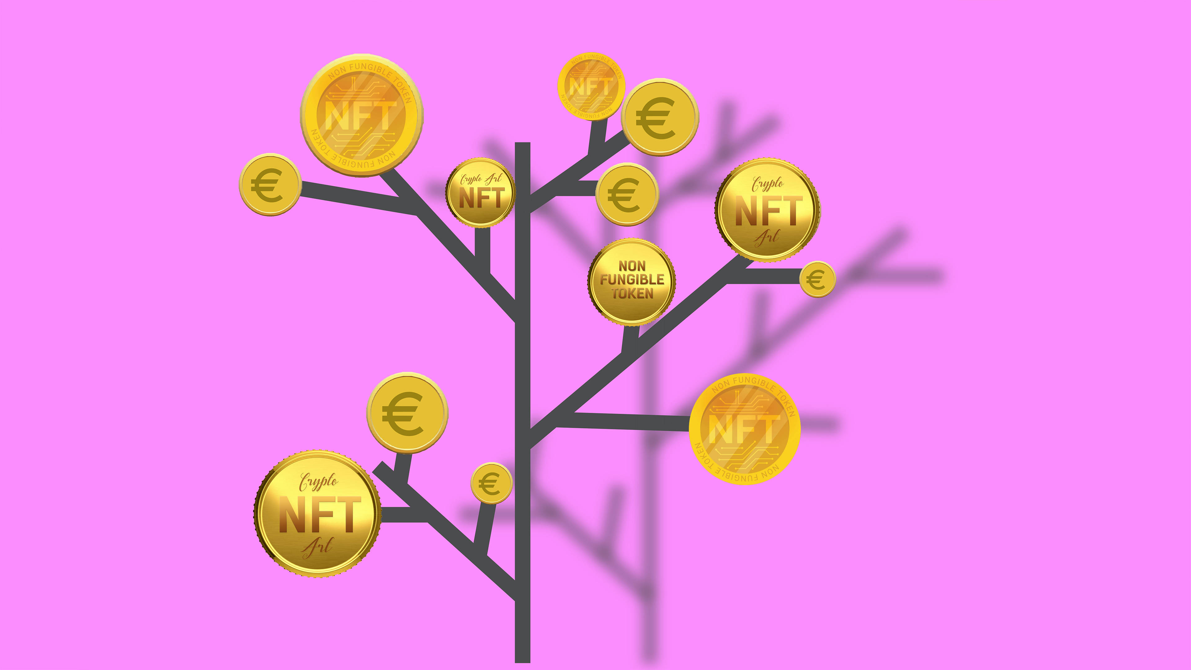 NFT 桌布 壁紙 — 一棵風格化的樹，金色NFT硬幣和歐元符號掛在樹枝上，背景是充滿活力的粉紅色。