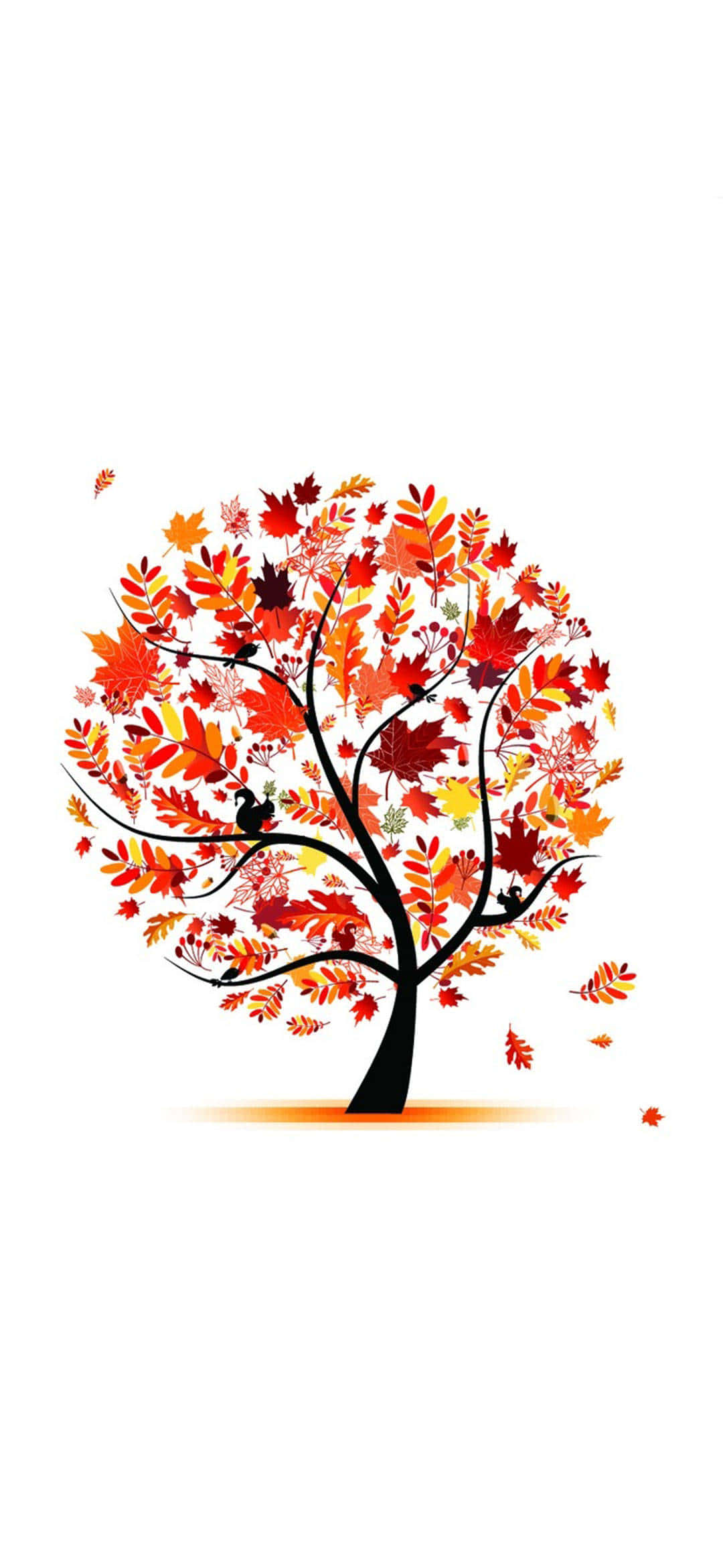 Autumn Leaves 桌布 壁紙 — 一棵風格化的樹，黑色樹枝在純白背景上綻放出鮮豔的紅色、橙色和黃色秋葉。