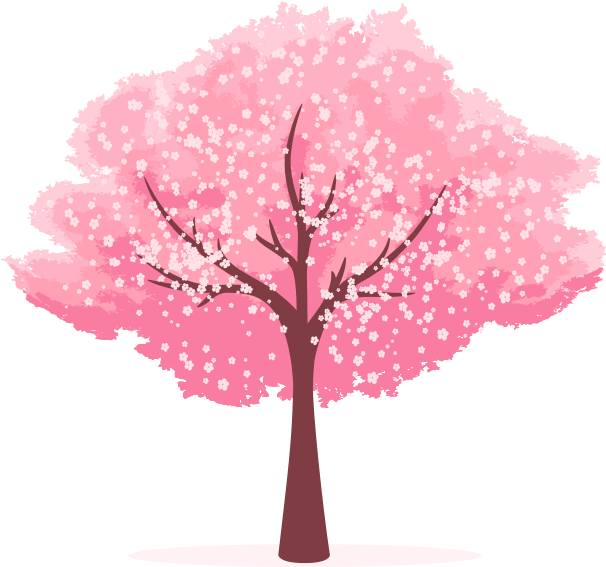 Cherry Blossom Tree 桌布 壁紙 — 一棵風格化的櫻花樹，帶有粉紅色花瓣和深色樹枝，立在黑色背景上。