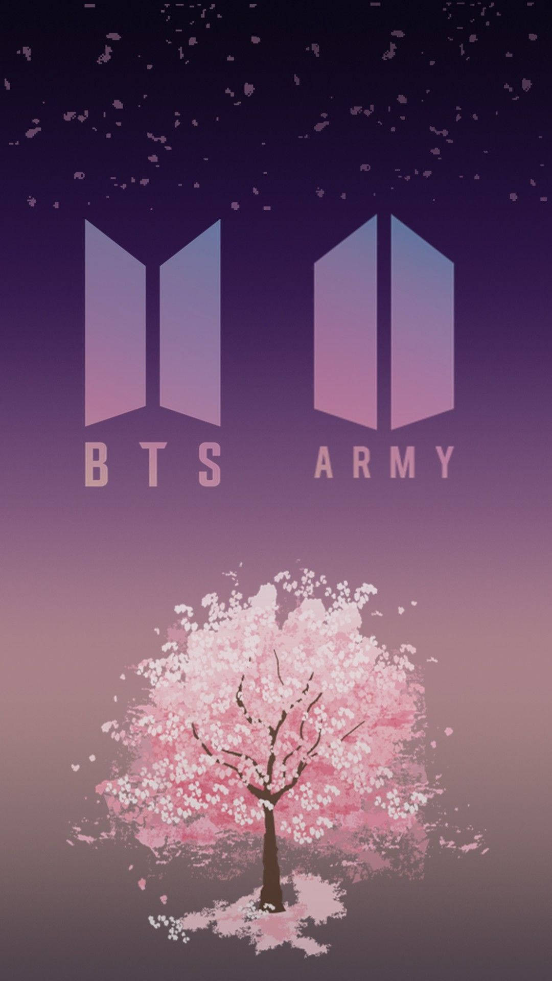 BTS Army標誌下的櫻花樹，花瓣在紫色漸變背景上飄落 — BTS 防彈少年團 粉絲 女孩 GIF 壁紙