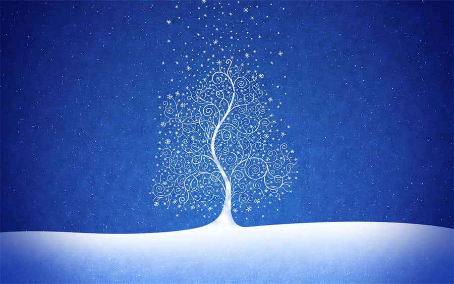 High Resolution Snow 桌布 壁紙 — 一棵風格化的白色樹木，帶有旋轉的樹枝和星形葉子，矗立在深藍色星空下的雪丘上。