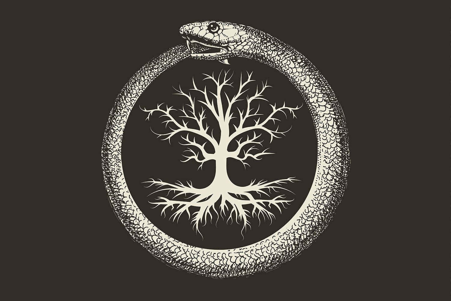 Occult 桌布 壁紙 — 一棵風格化的白色樹木，帶有根和枝條，被一條盤繞的蛇環繞，背景為深色。