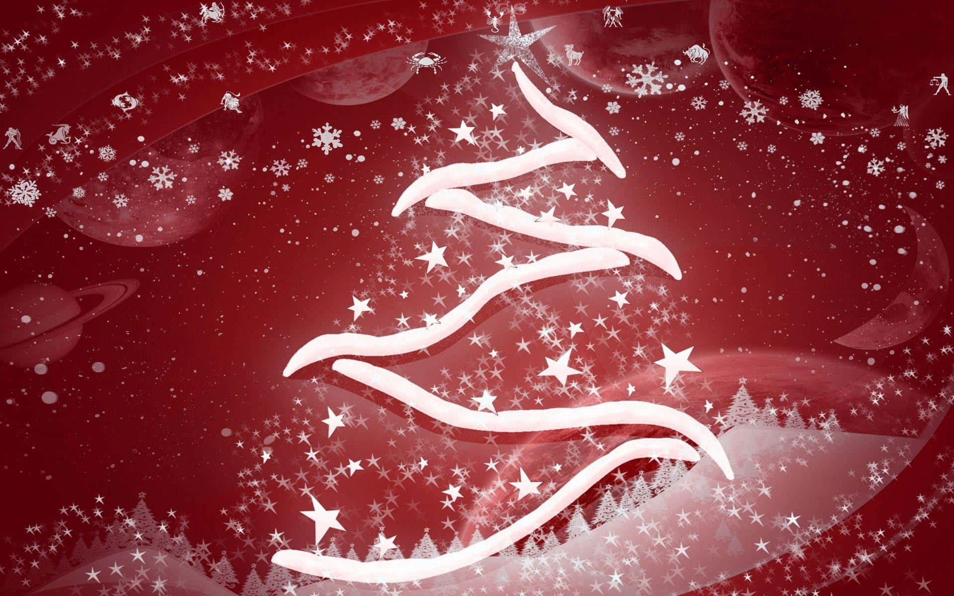 Christmas Card 桌布 壁紙 — 一棵風格化的白色聖誕樹，裝飾著星星和雪花，漂浮在深紅色宇宙背景上，其中有行星和星座。